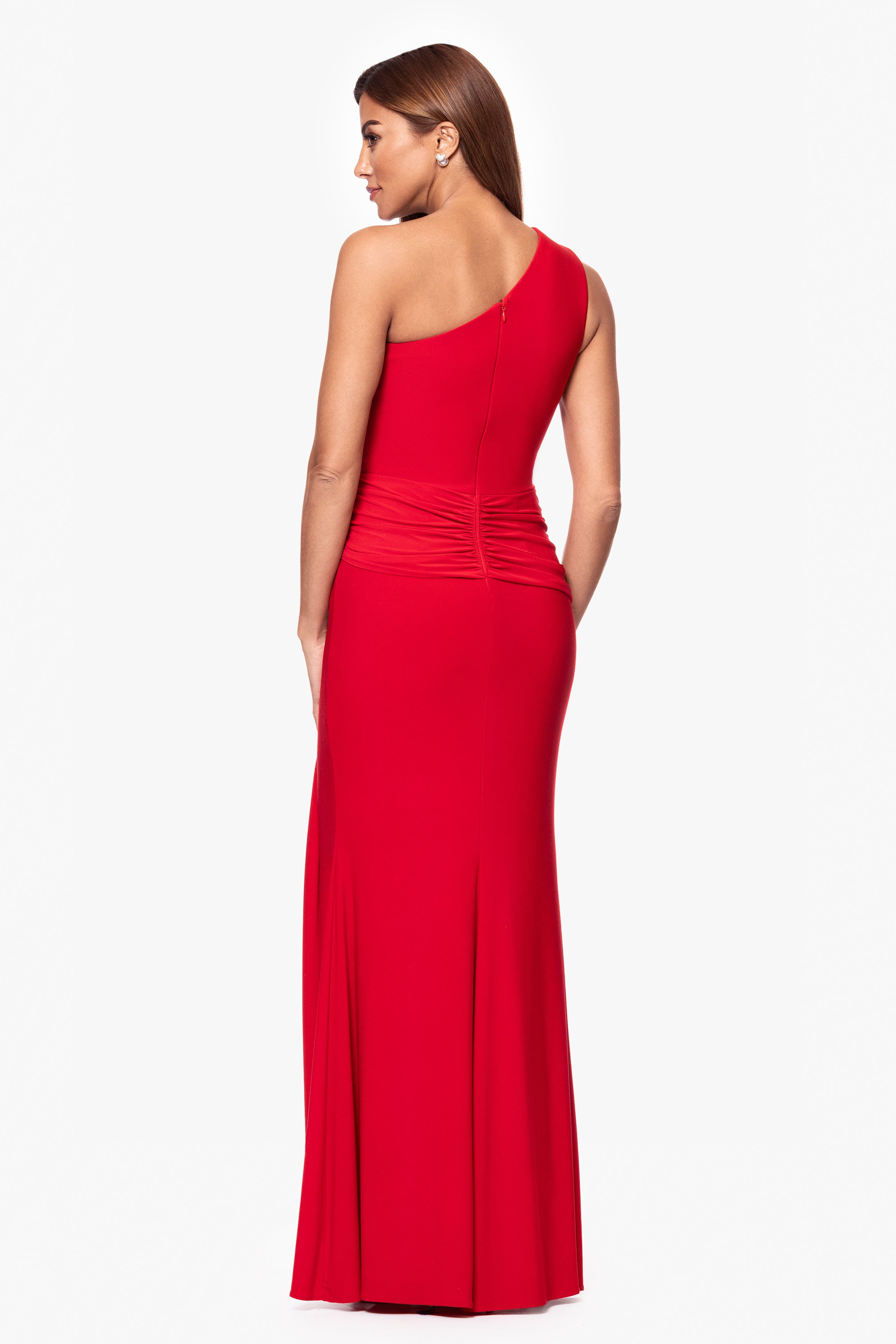 Petite "Nara" Jersey Knit One Shoulder Rouched Floor Length Dress