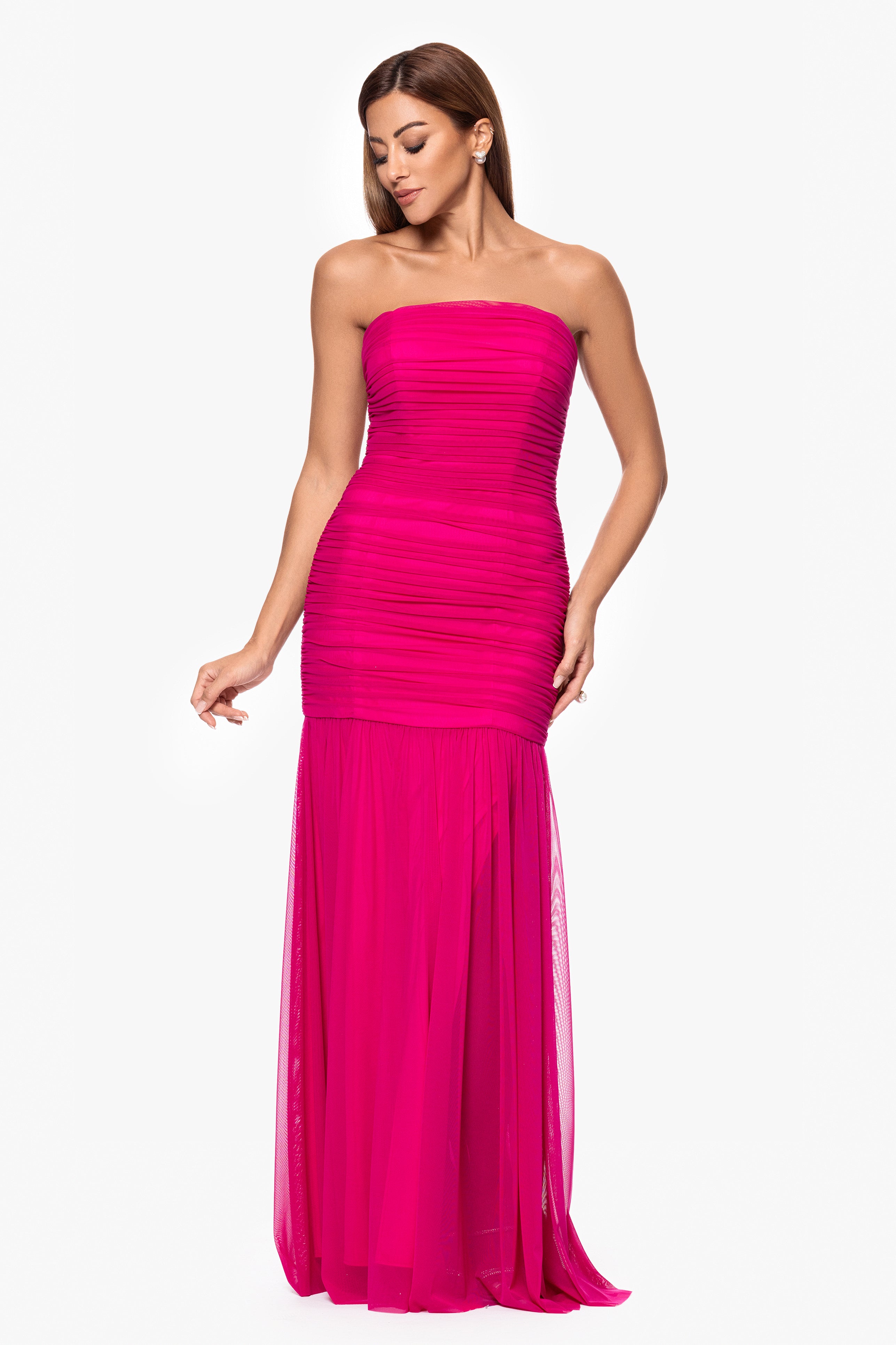 "Drew" Strapless Mesh Floor Length Dress