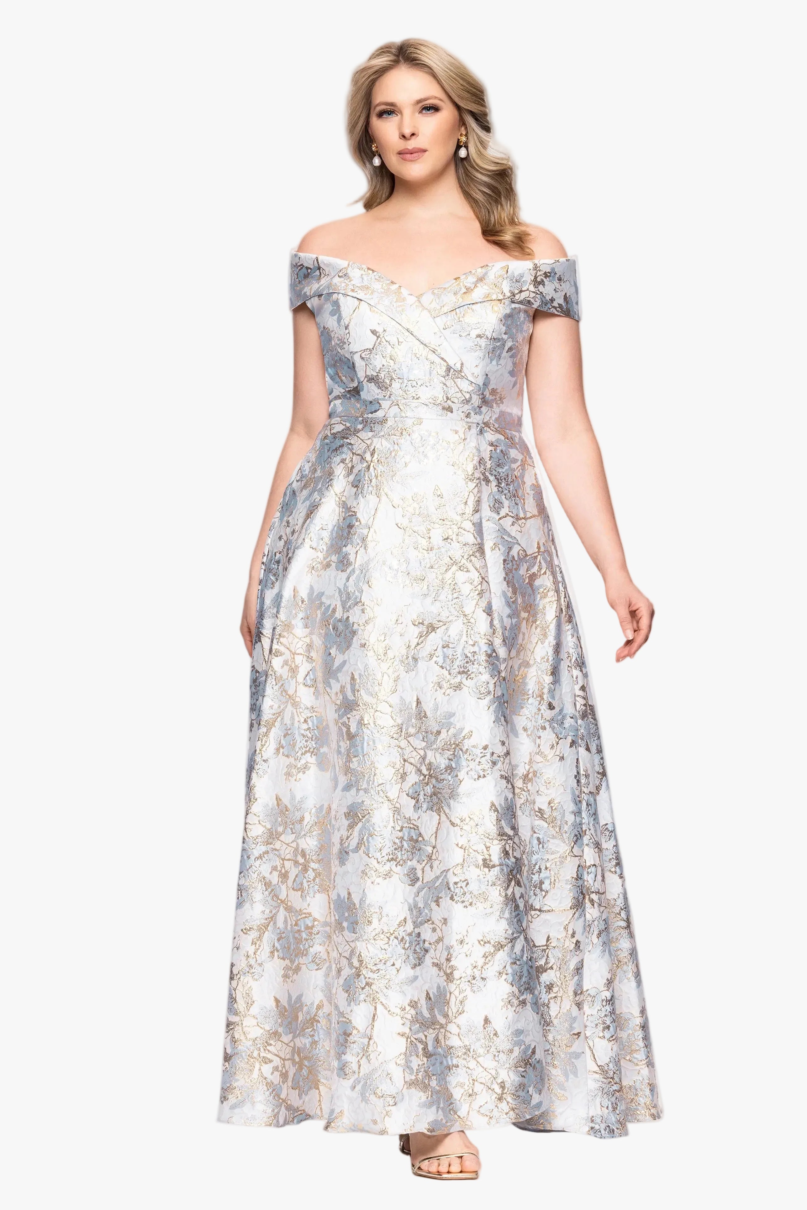 Plus "Melissa" Brocade Off the Should V-Neck Ballgown
