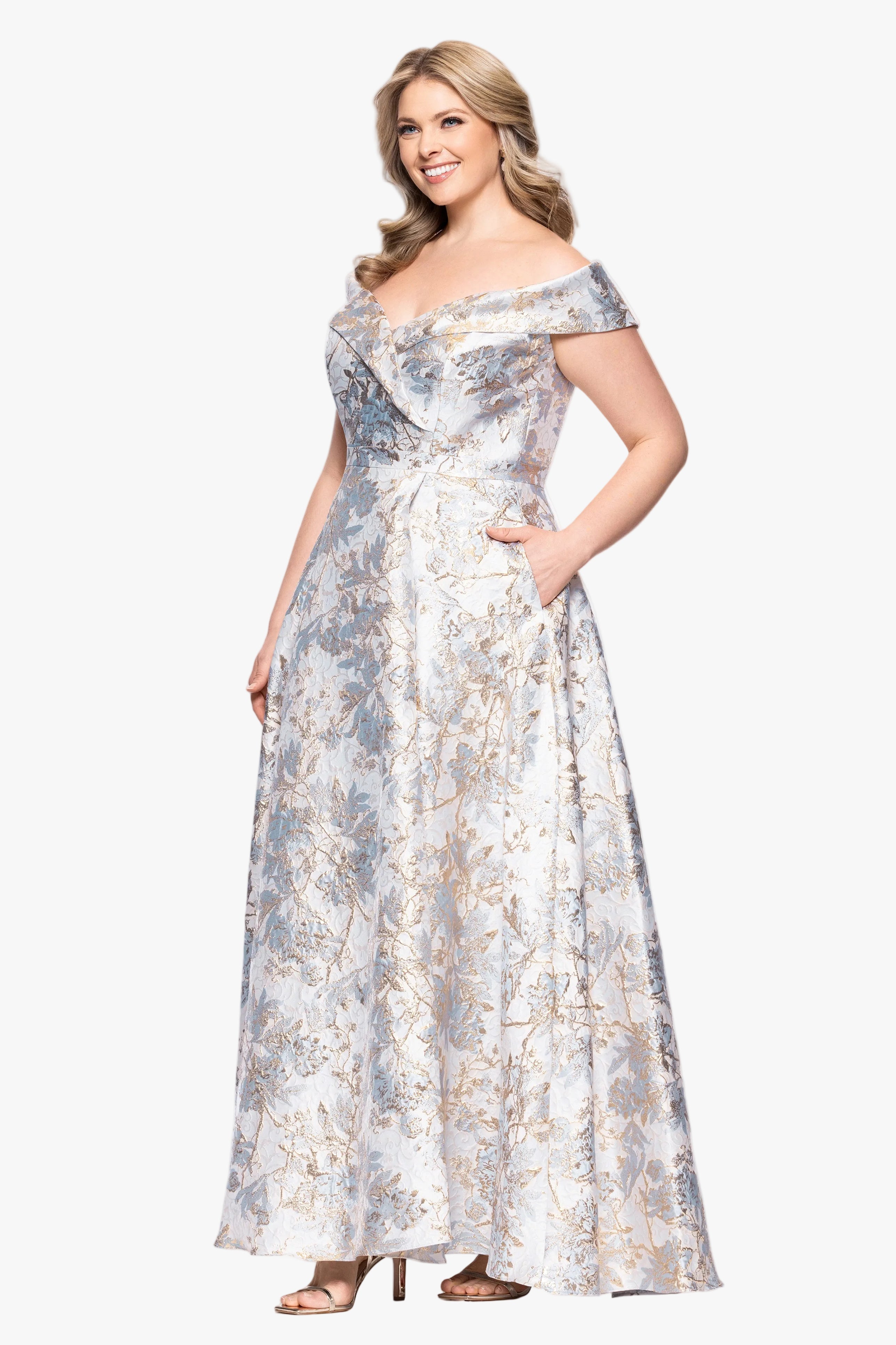 Plus "Melissa" Brocade Off the Should V-Neck Ballgown