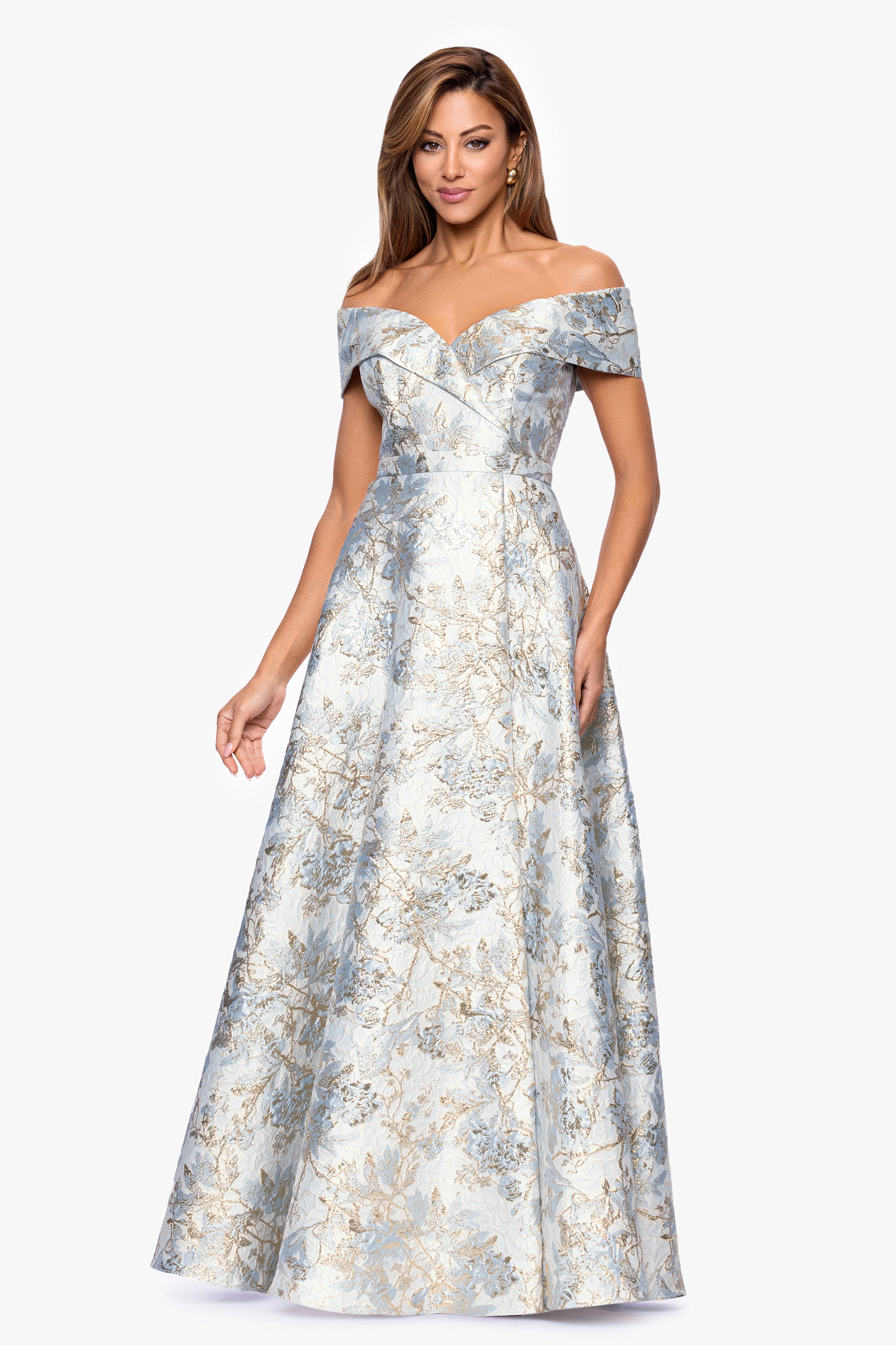 Petite "Melissa" Brocade Off the Should V-Neck Ballgown