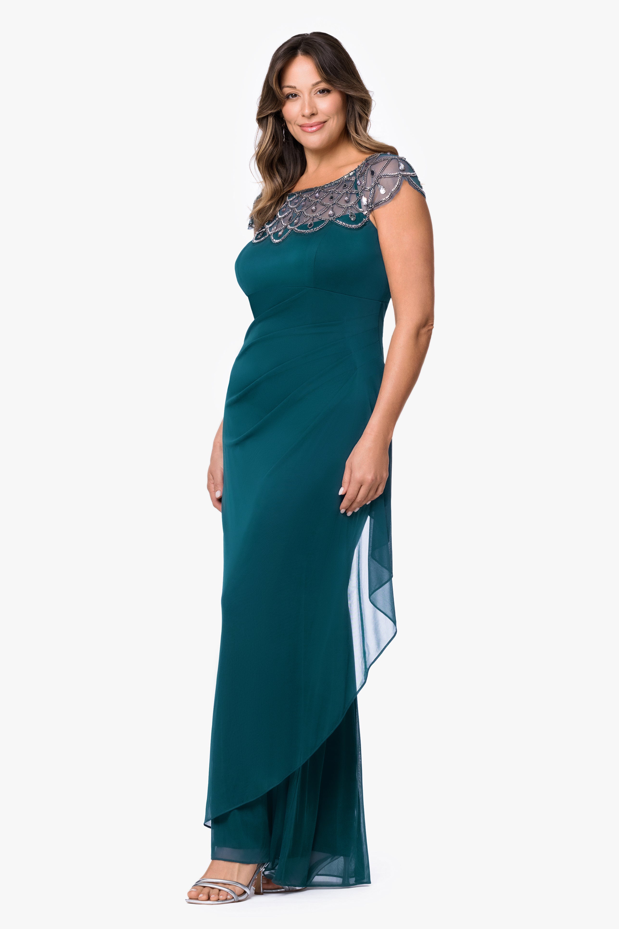 Plus "Khloe" Sheer Matter Jersey Embellished Ruffle Dress