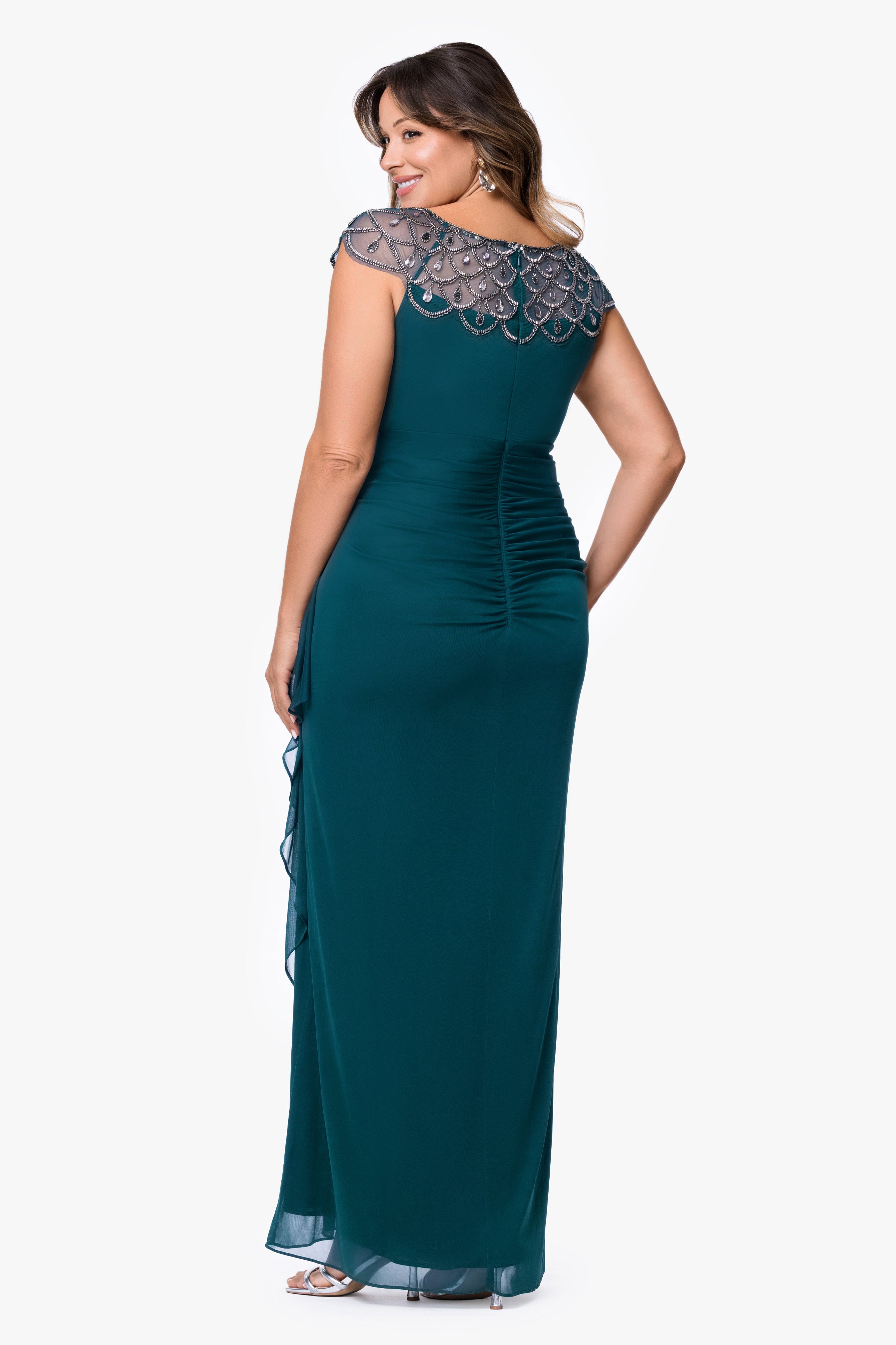 Plus "Khloe" Sheer Matter Jersey Embellished Ruffle Dress