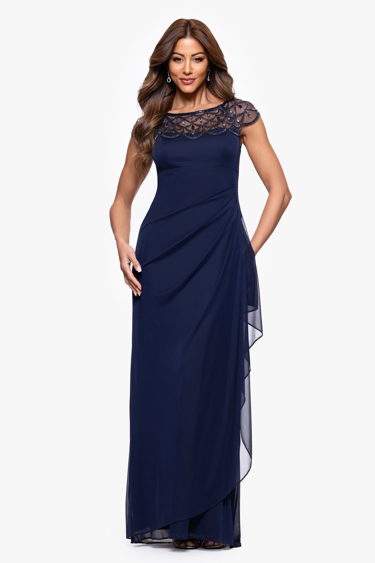 Petite "Khloe" Sheer Matte Jersey Embellished Dress
