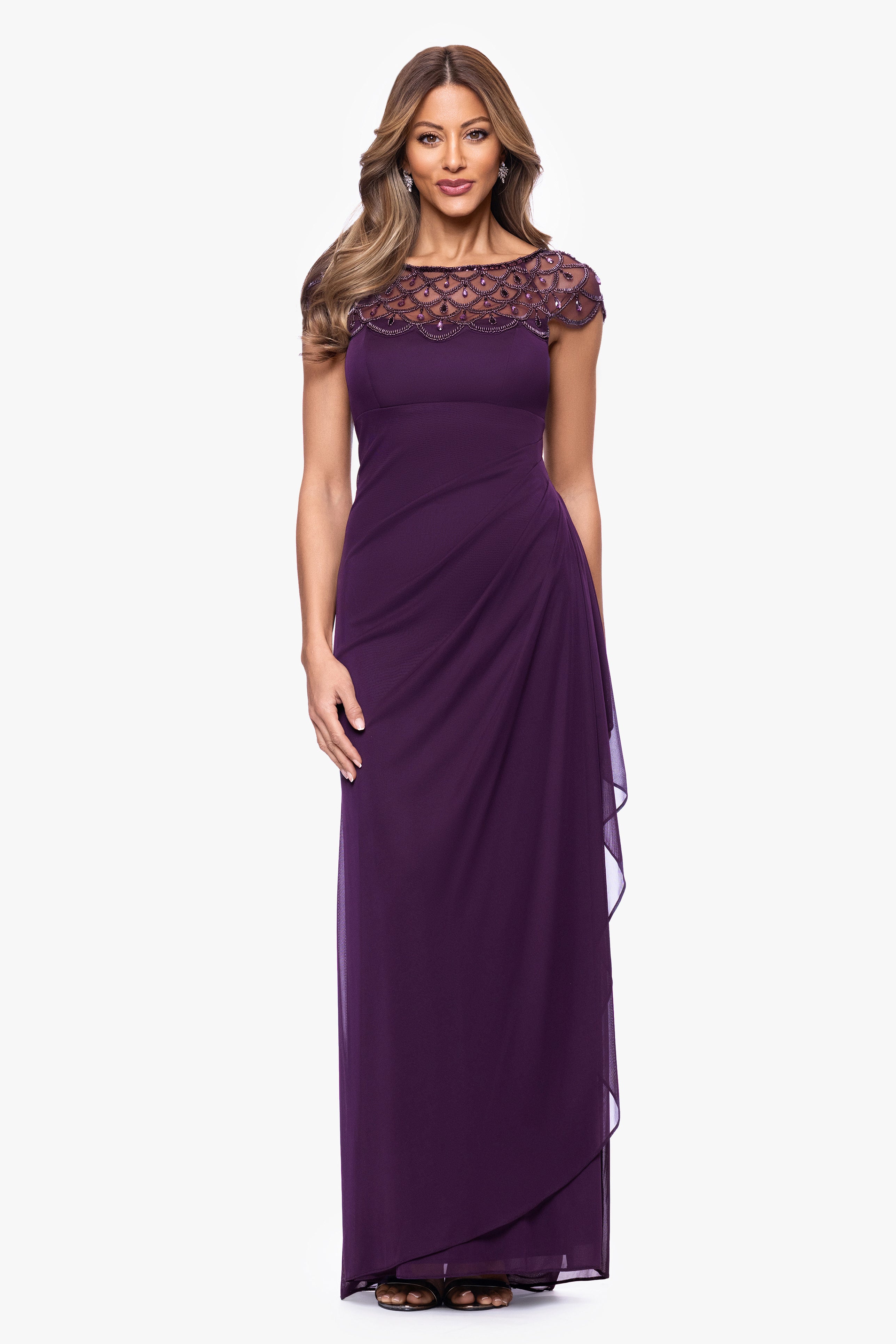 Petite "Khloe" Sheer Matter Jersey Embellished Ruffle Dress