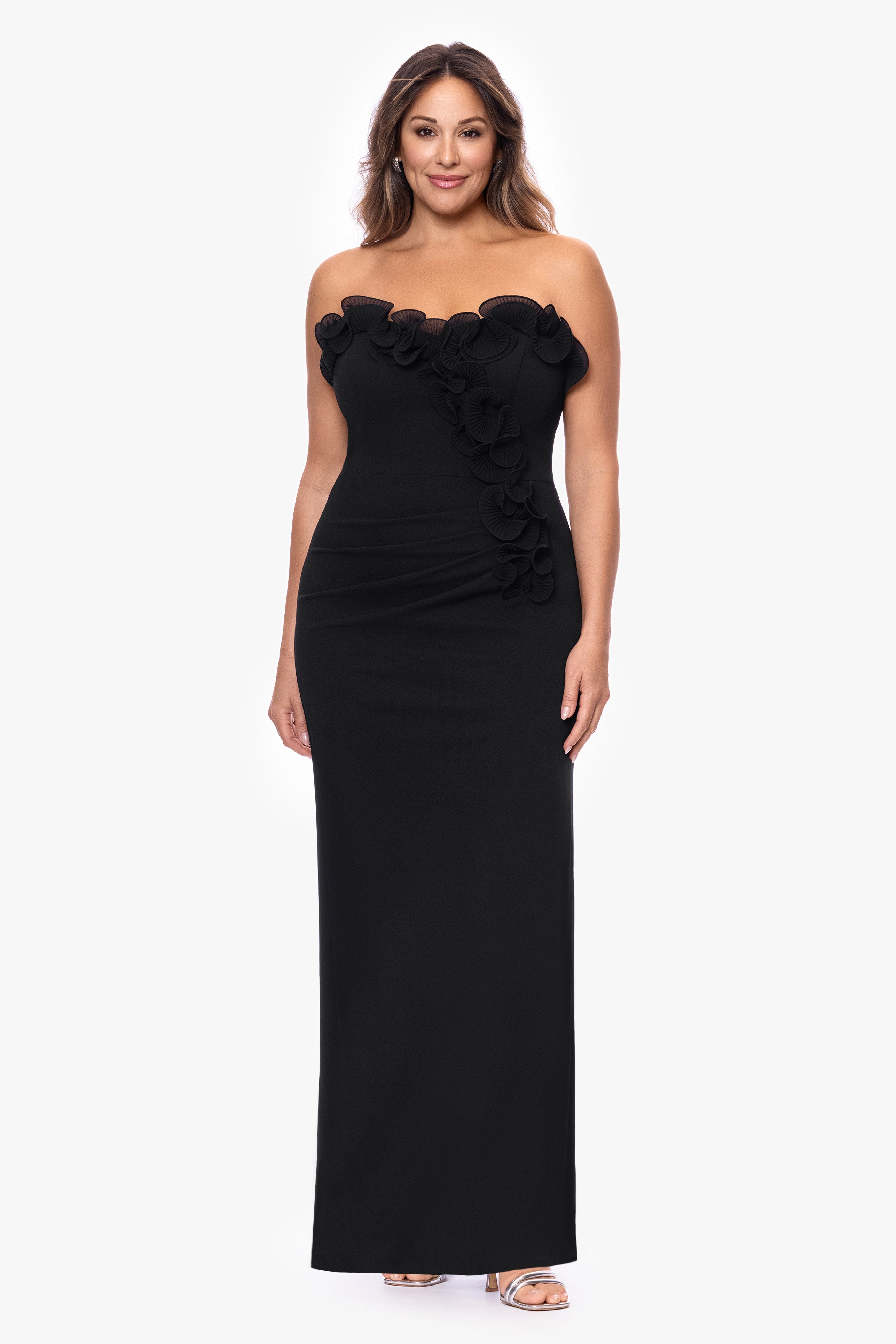 Plus "Kimberly" Scuba Crepe Chiffon Ruffle Strapless Floor Length Dress