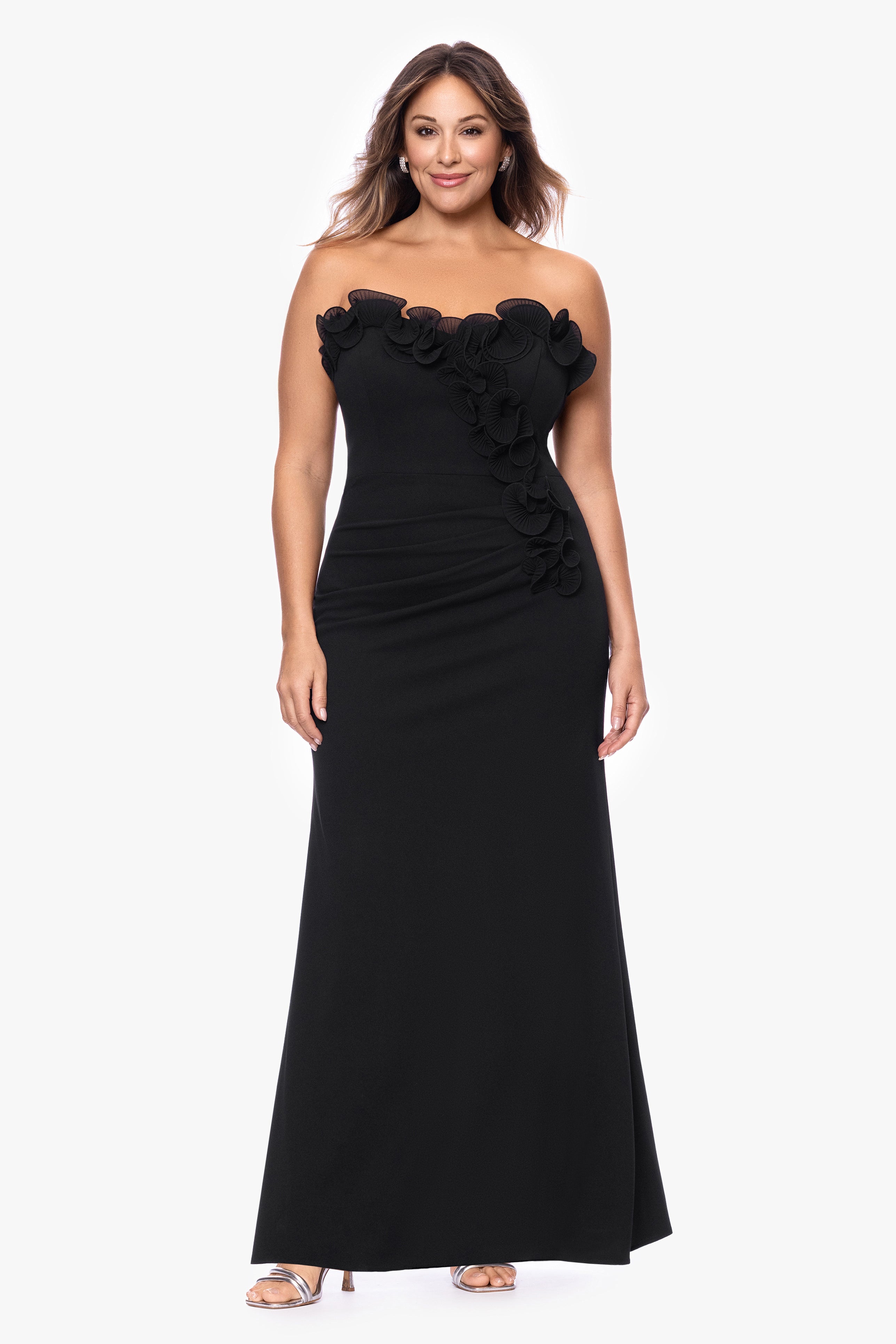 Plus "Kimberly" Scuba Crepe Chiffon Ruffle Strapless Floor Length Dress