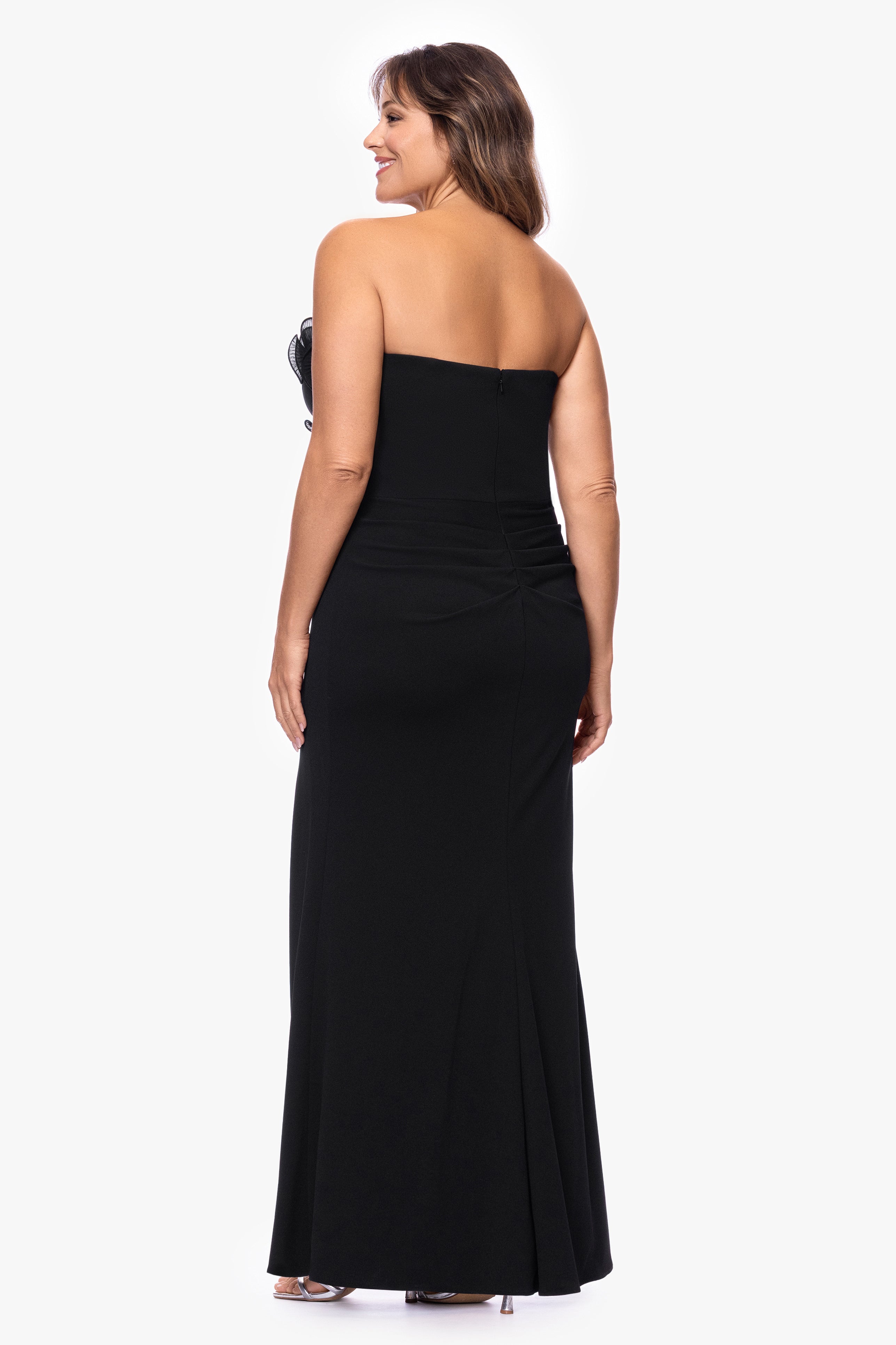 Plus "Kimberly" Scuba Crepe Chiffon Ruffle Strapless Floor Length Dress