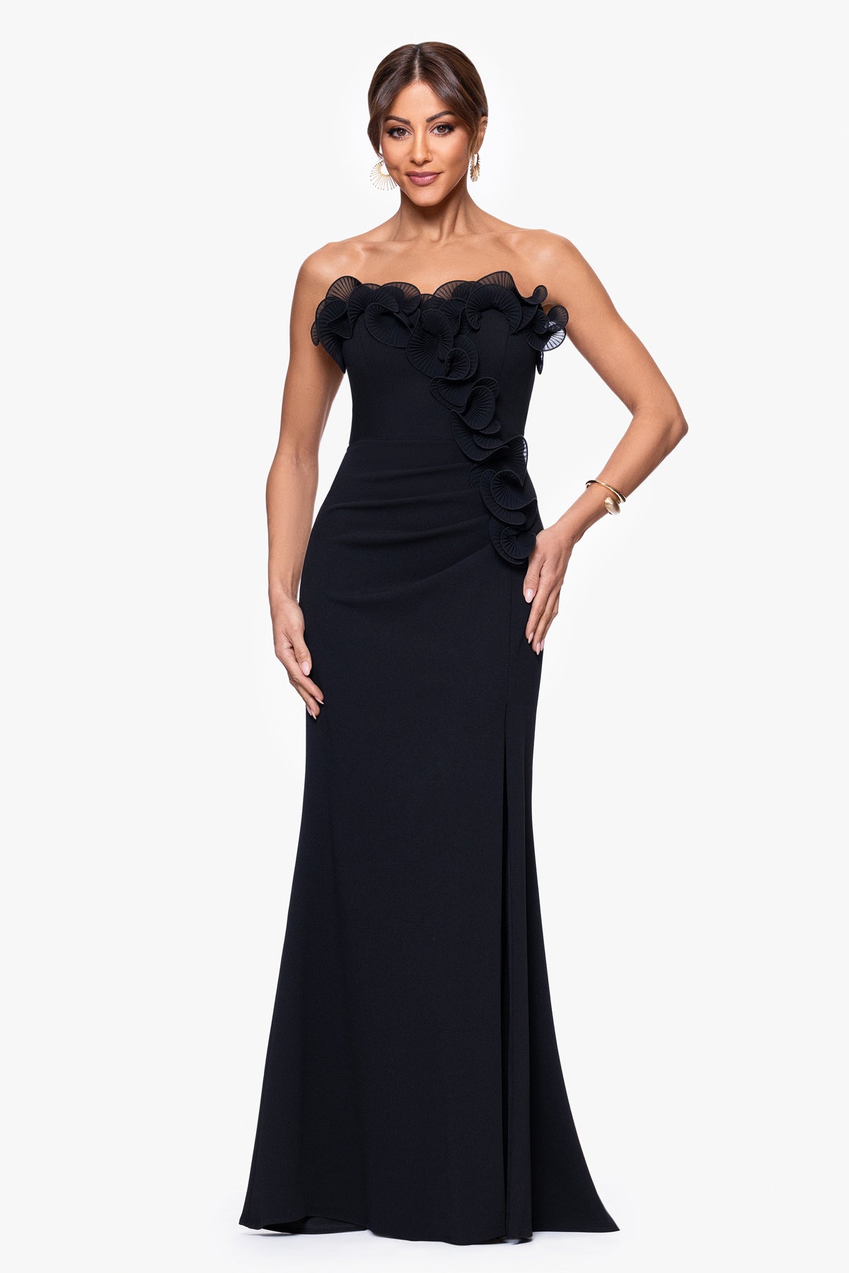 Petite "Kimberly" Scuba Crepe Chiffon Ruffle Strapless Dress