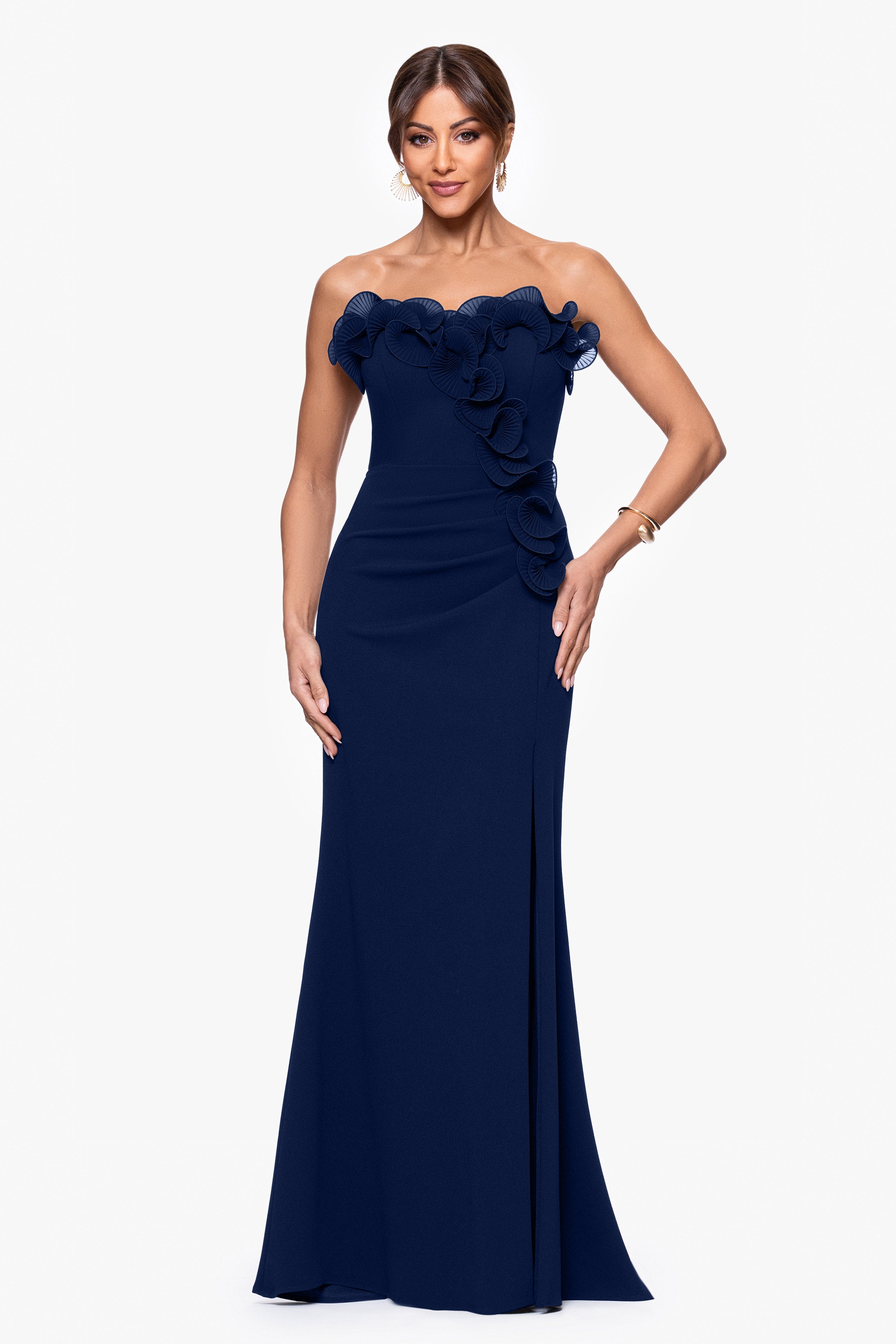 "Kimberly" Scuba Crepe Chiffon Ruffle Strapless Dress
