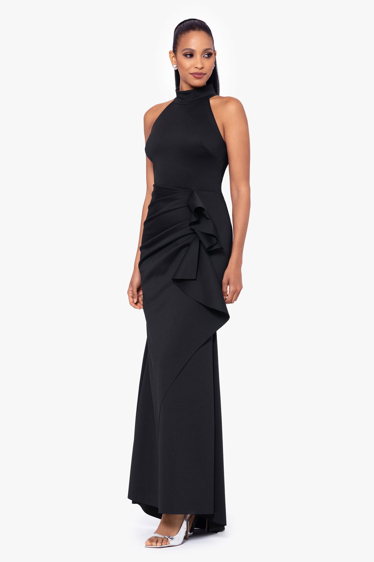 "Eden" Techno Scuba Mock Neck Ruffle Dress