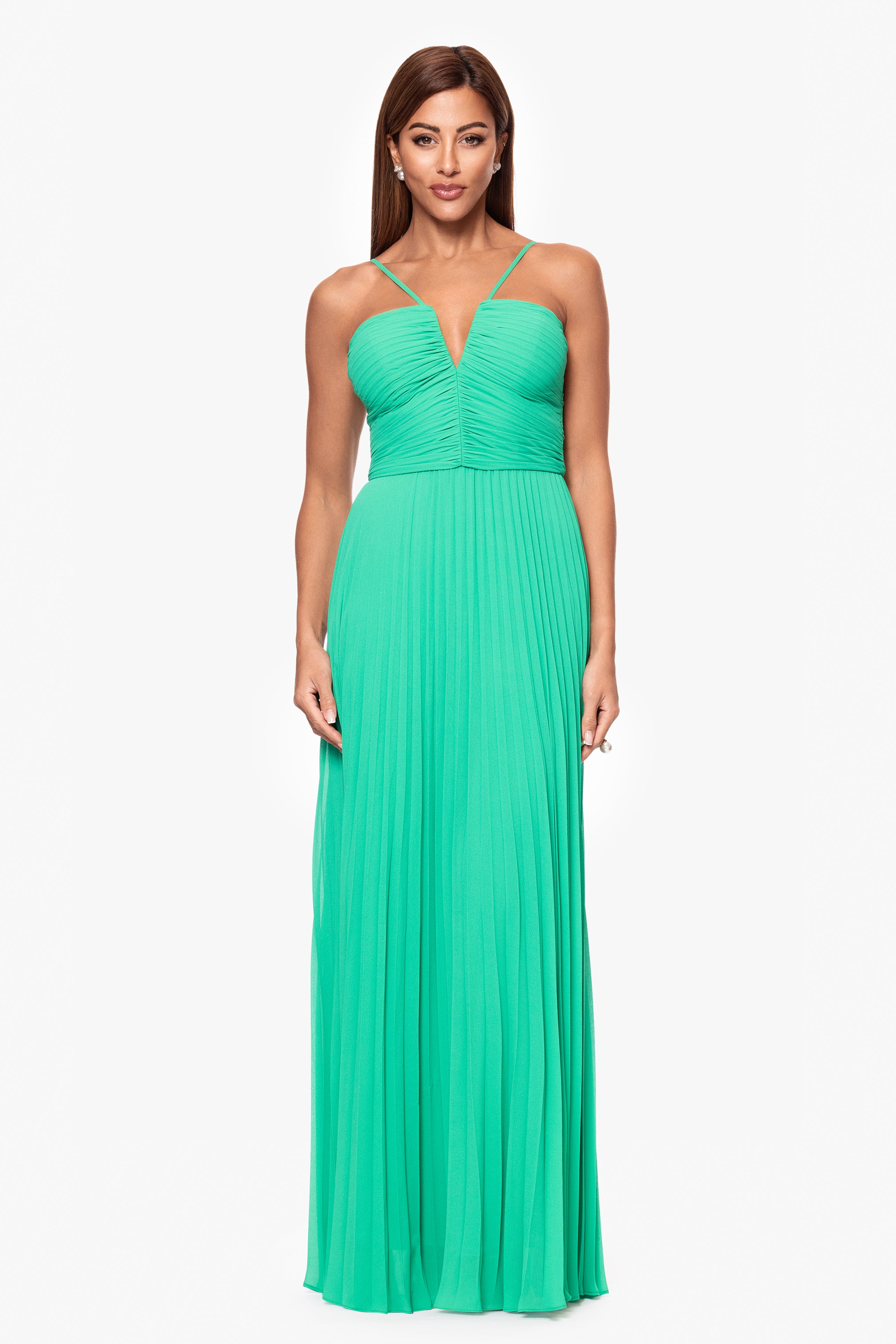 Petite "Kaia" Chiffon Pleated Floor Length Dress