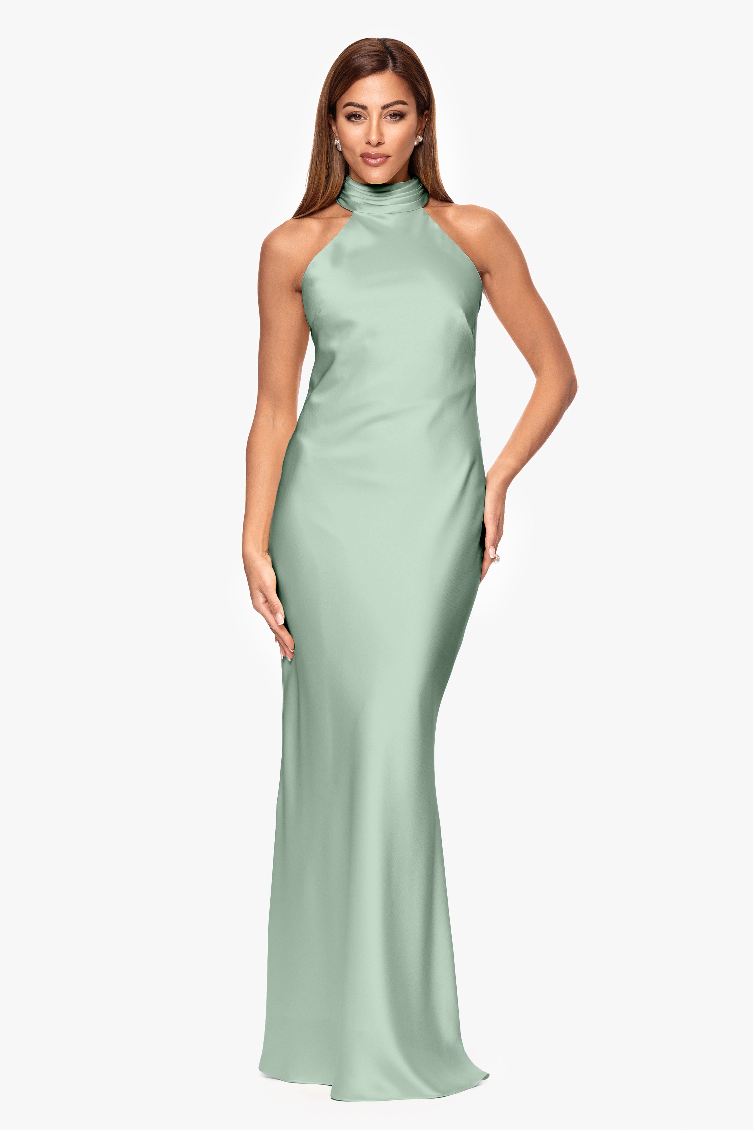 "Ruth" Satin High Tie Neck Backless Floor Length Dress