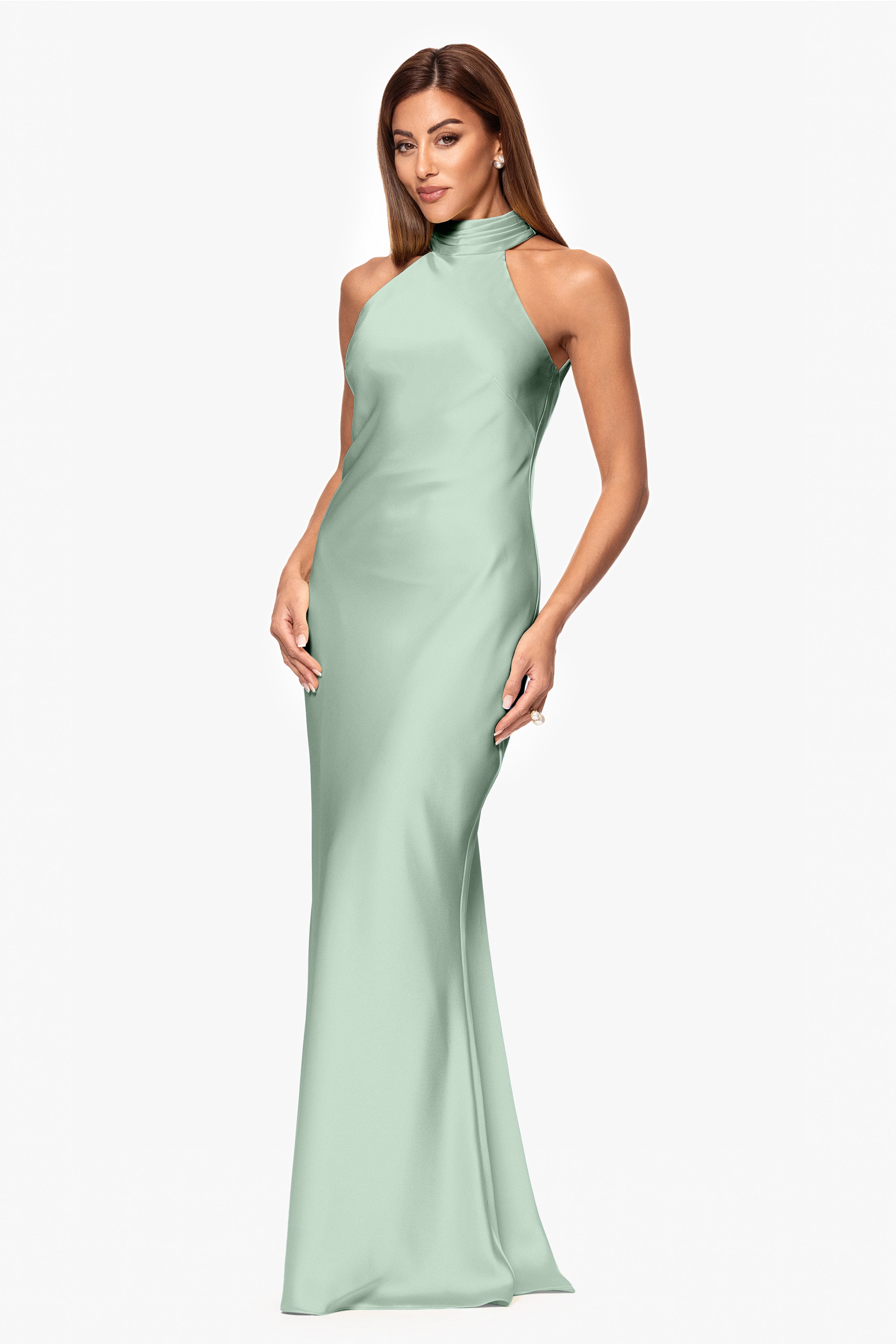 "Ruth" Satin High Tie Neck Backless Floor Length Dress