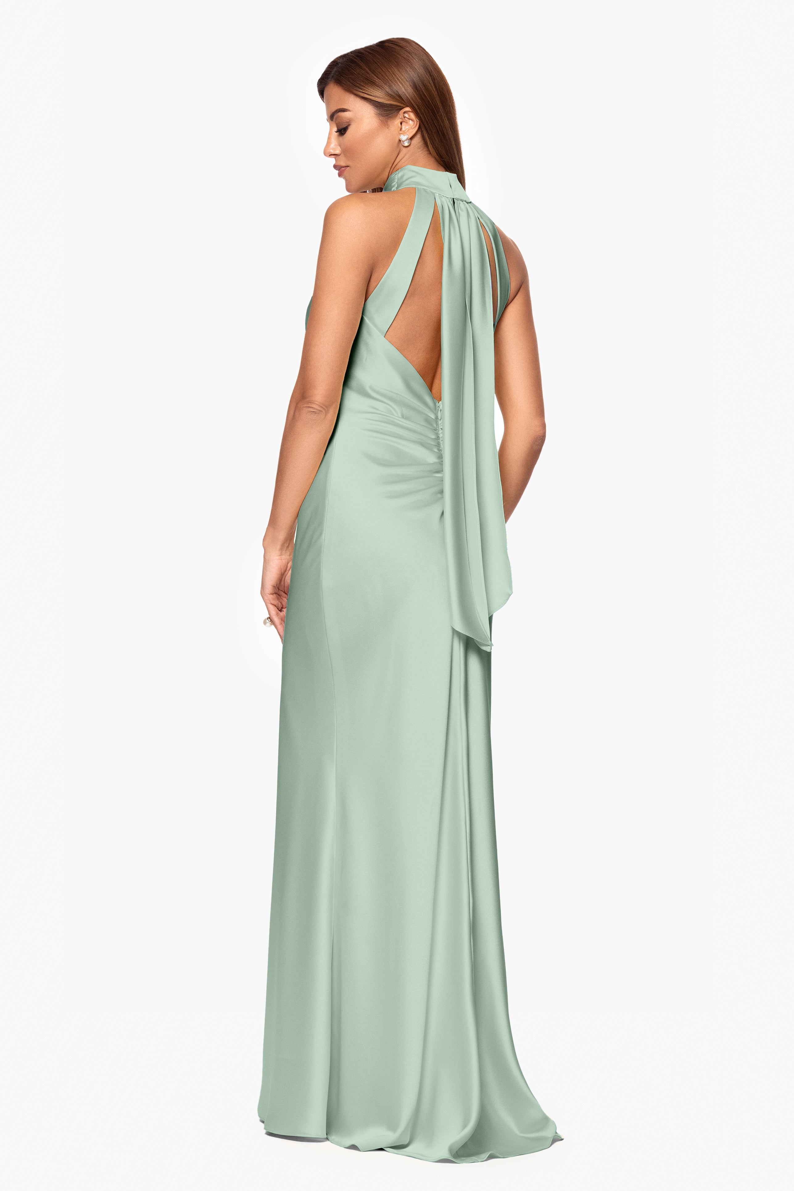 "Ruth" Satin High Tie Neck Backless Floor Length Dress