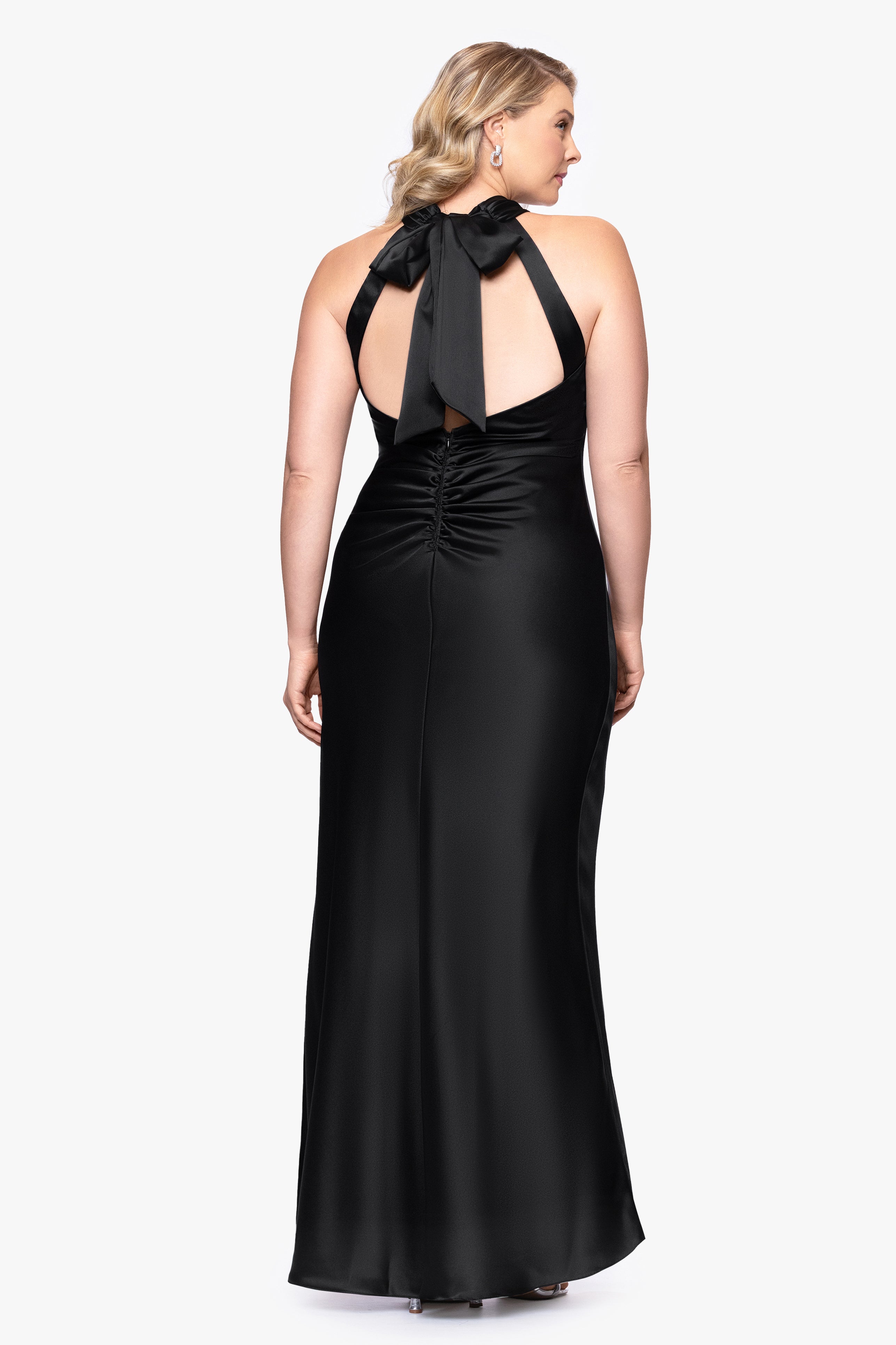 Petite "Ruth" Satin High Tie Neck Backless Floor Length Dress
