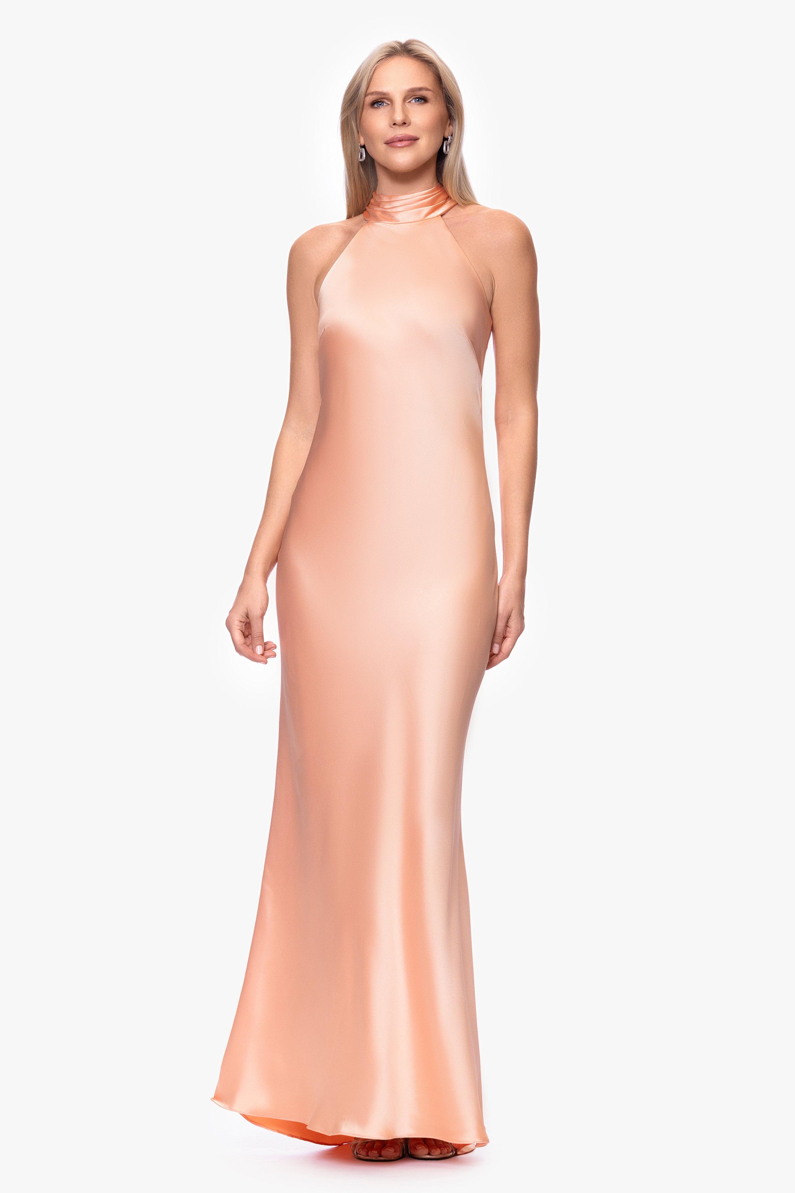 "Ruth" Satin High Tie Neck Backless Floor Length Dress
