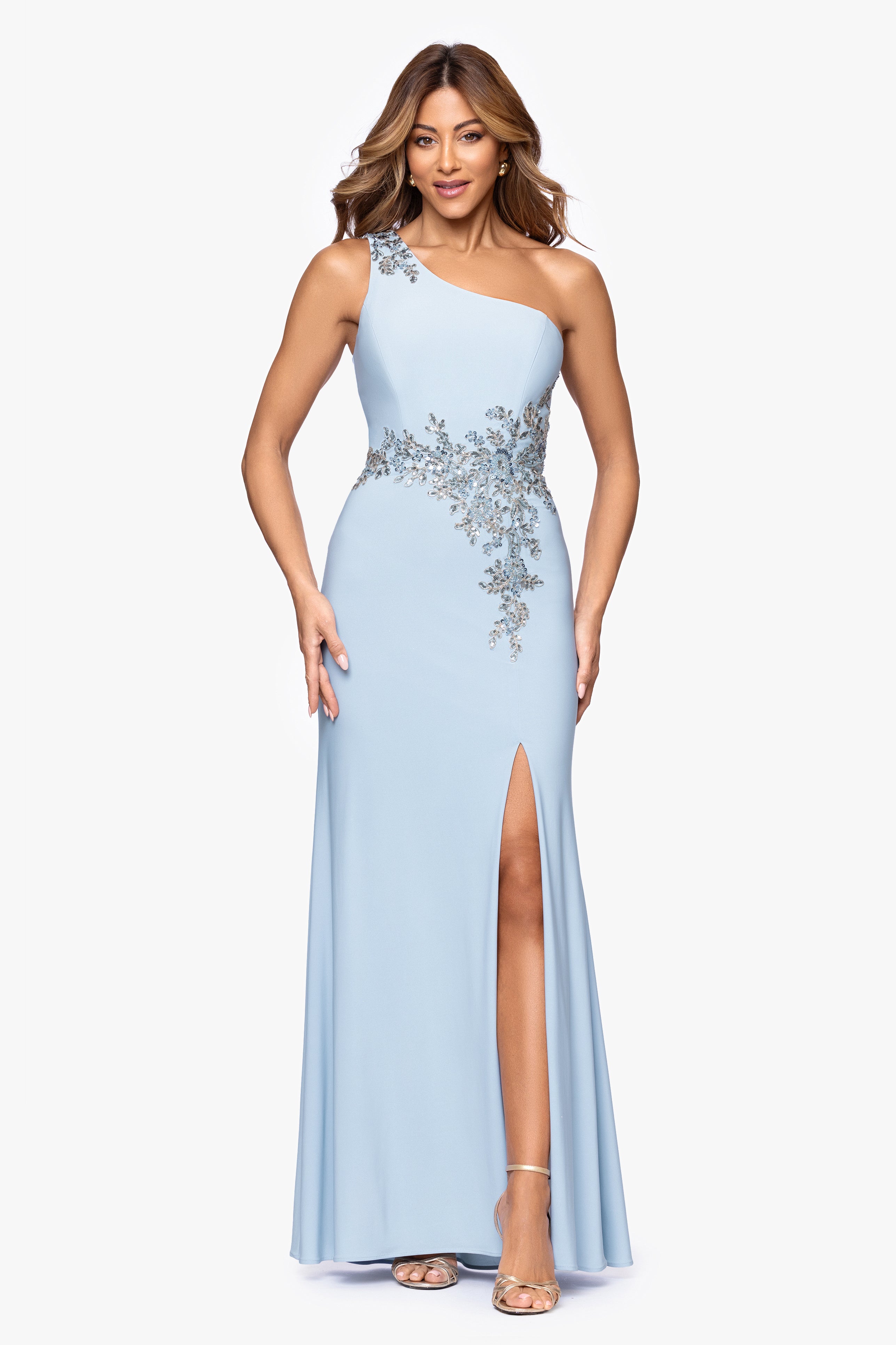 "Teresa" Jersey Knit One Shoulder Applique Floor Length Dress