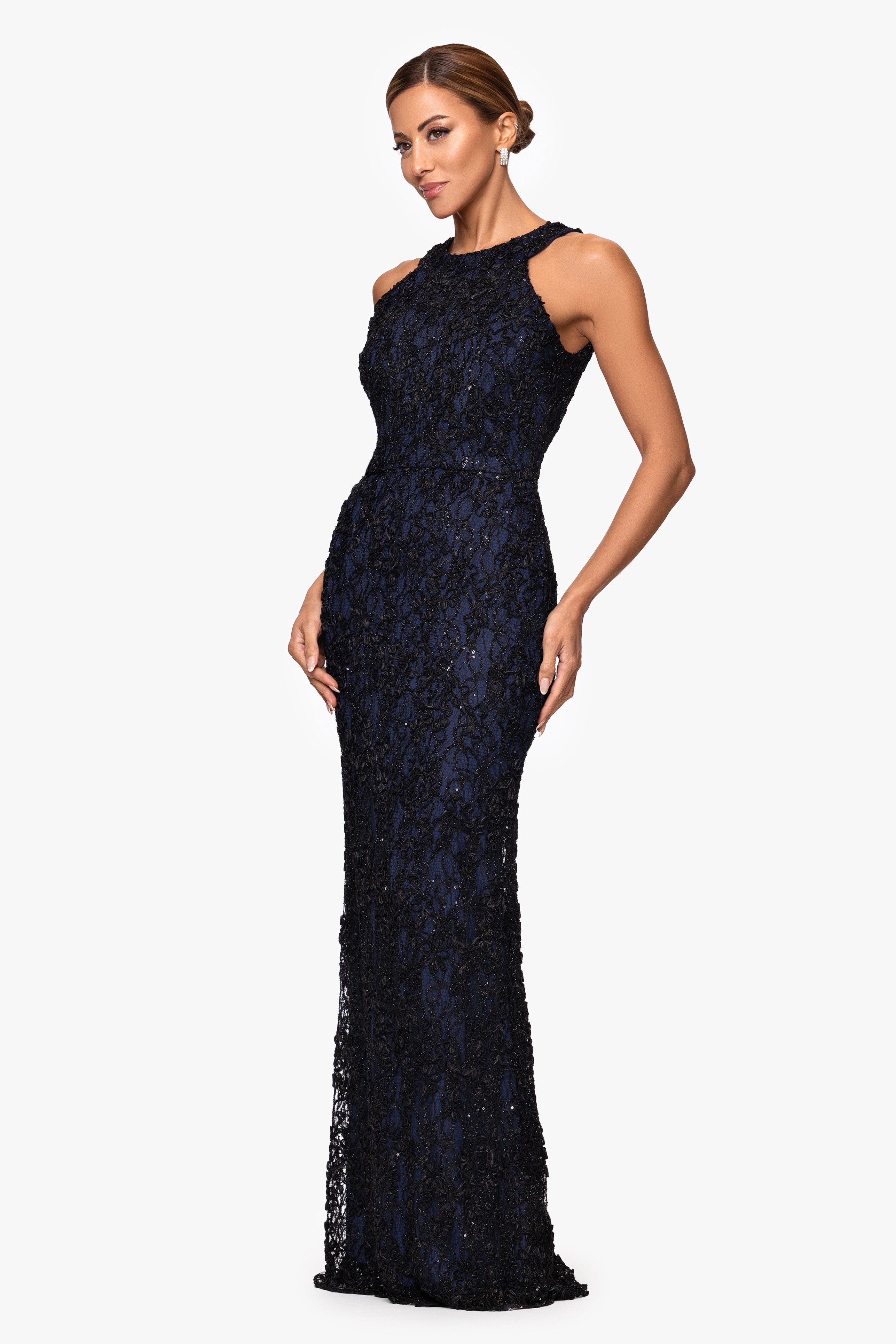 Petite "Andrea" Halter Neck Soutache Lace Floor Length Dress