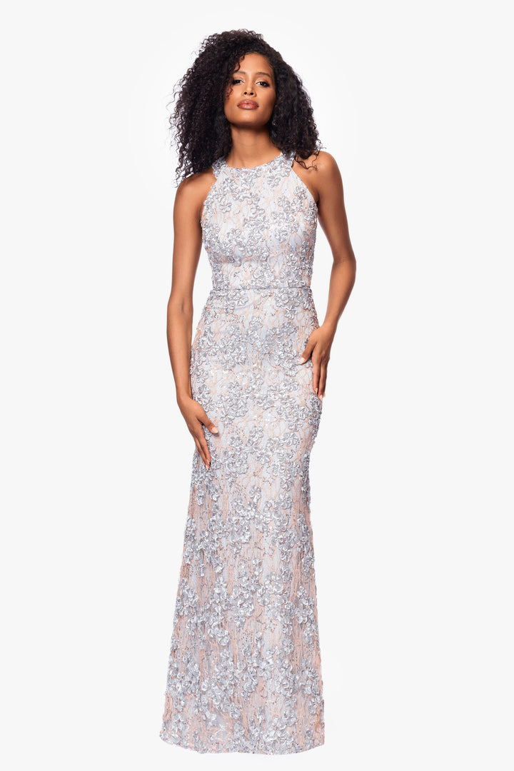 "Andrea" Halter Neck Soutache Lace Floor Length Dress