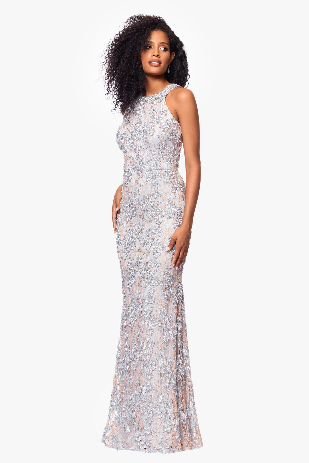 "Andrea" Halter Neck Soutache Lace Floor Length Dress