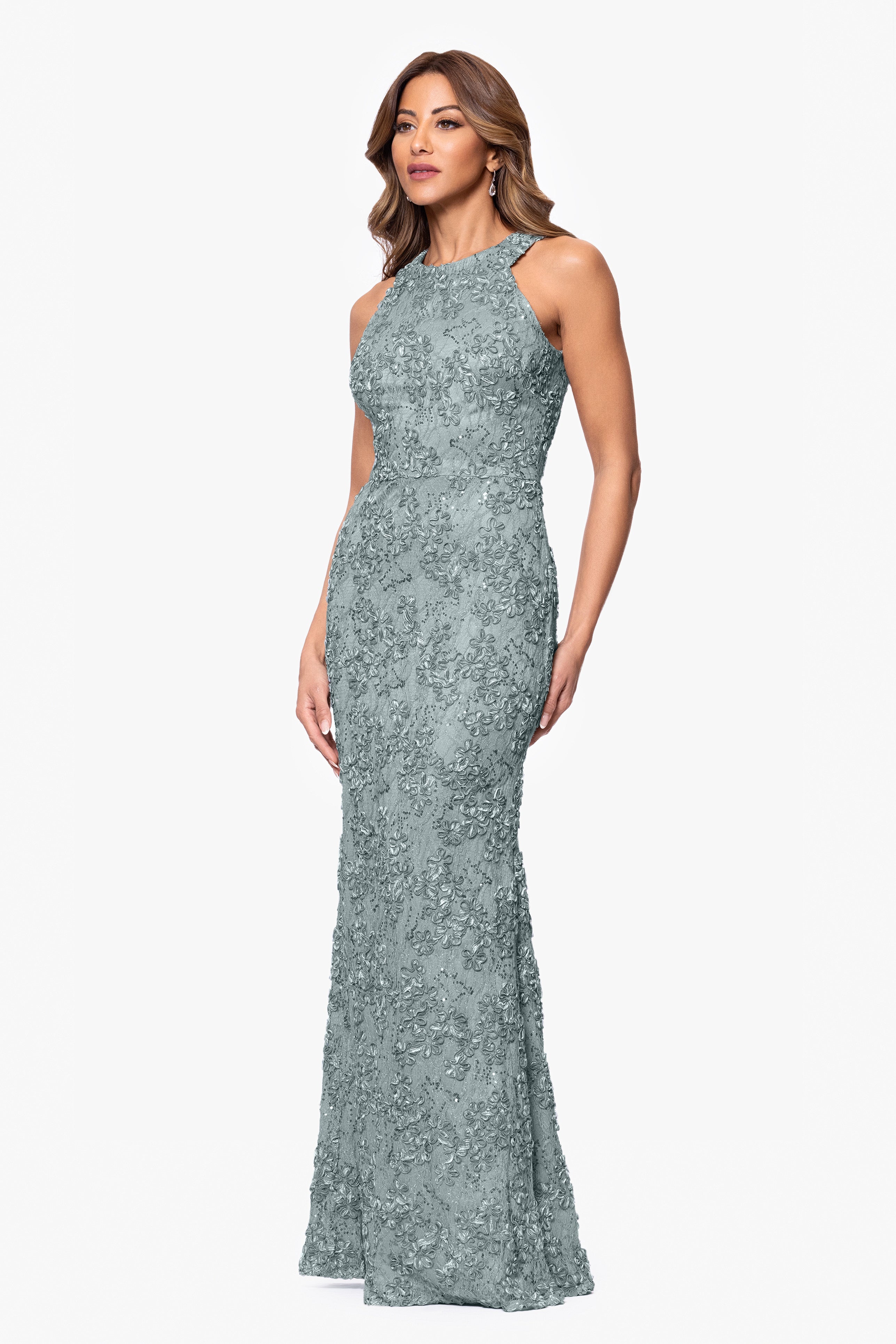 Petite "Andrea" Halter Neck Soutache Lace Floor Length Dress