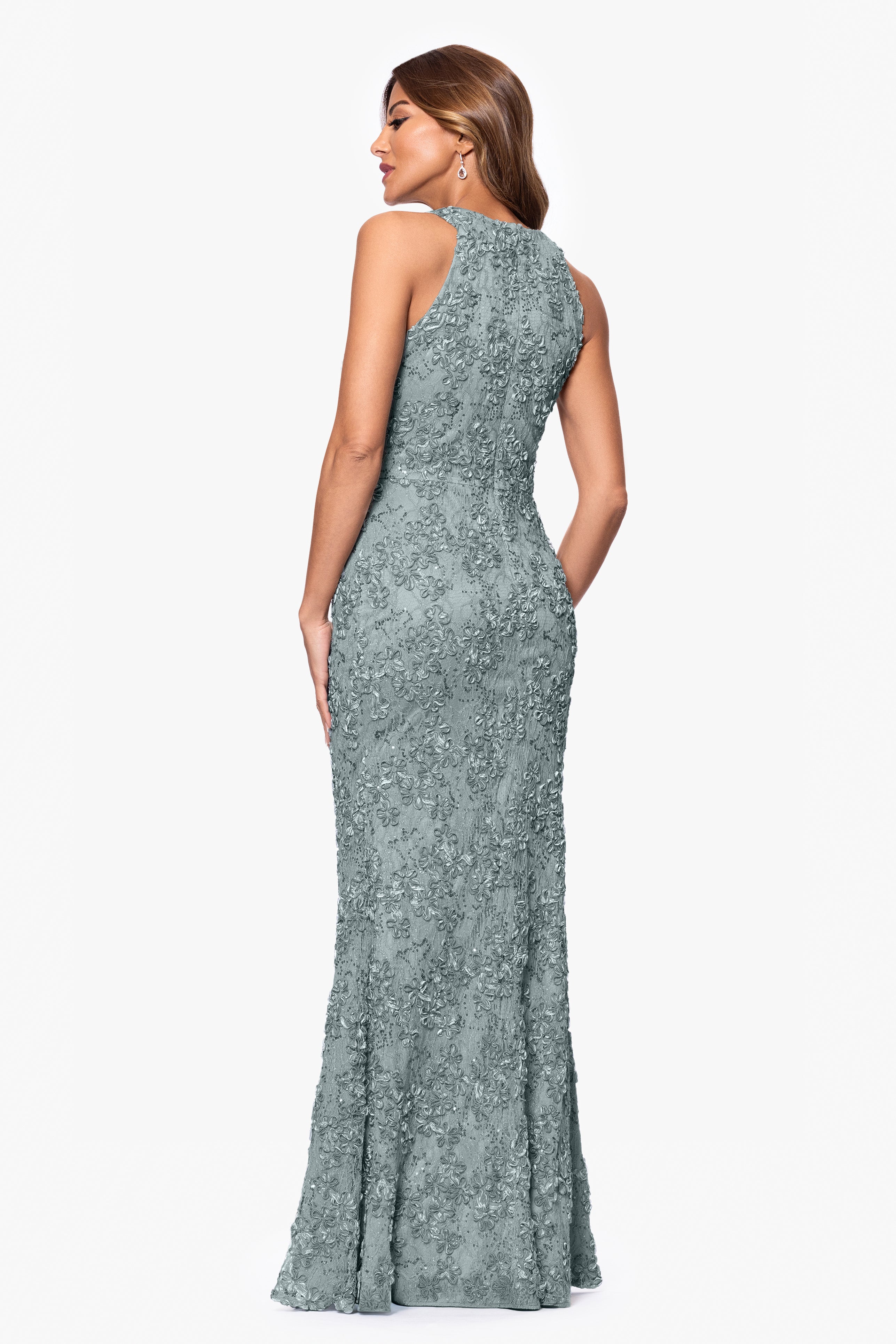 Petite "Andrea" Halter Neck Soutache Lace Floor Length Dress
