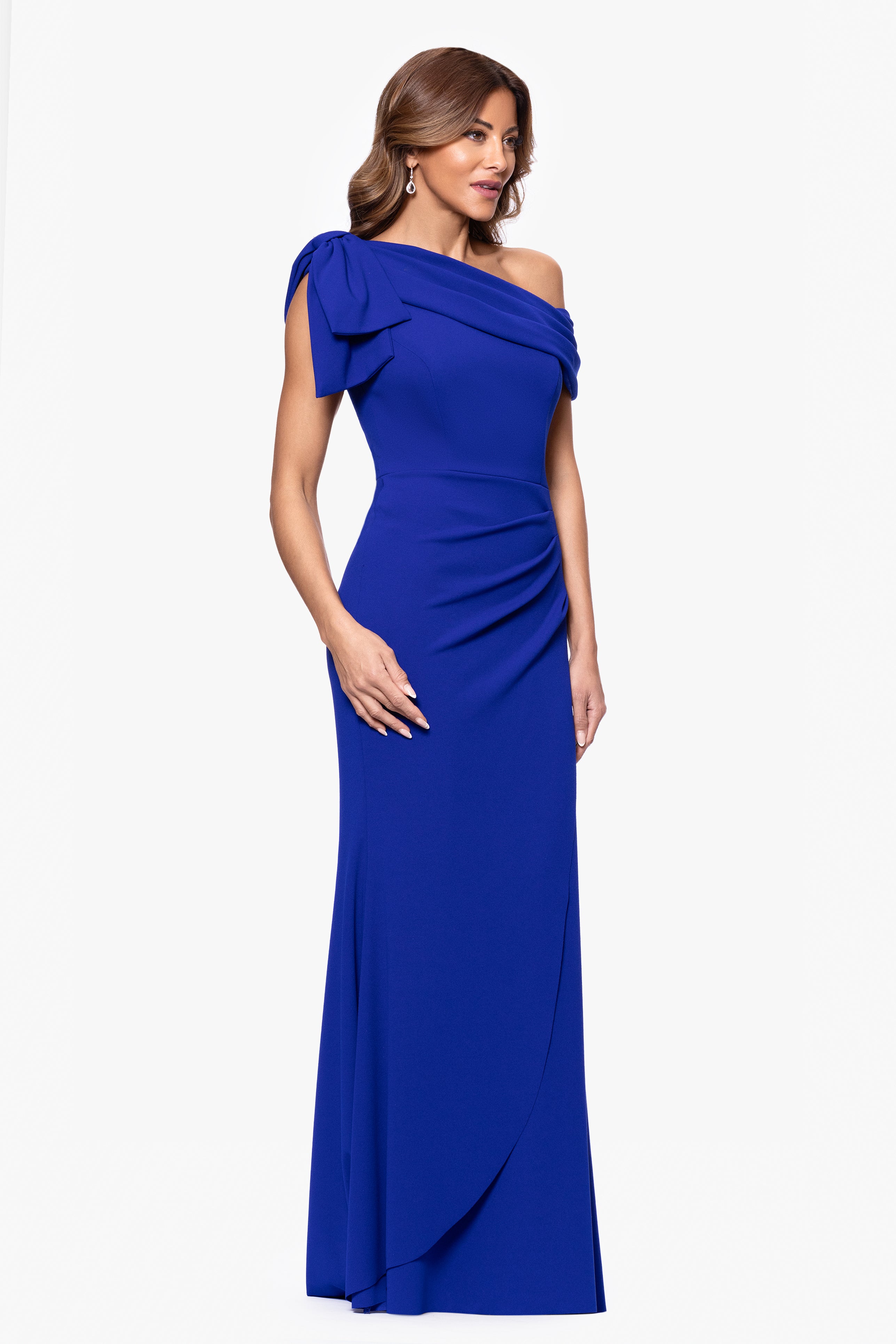 "Gabrielle" Scuba Crepe Off Shoulder Ruffle Floor Length Dress