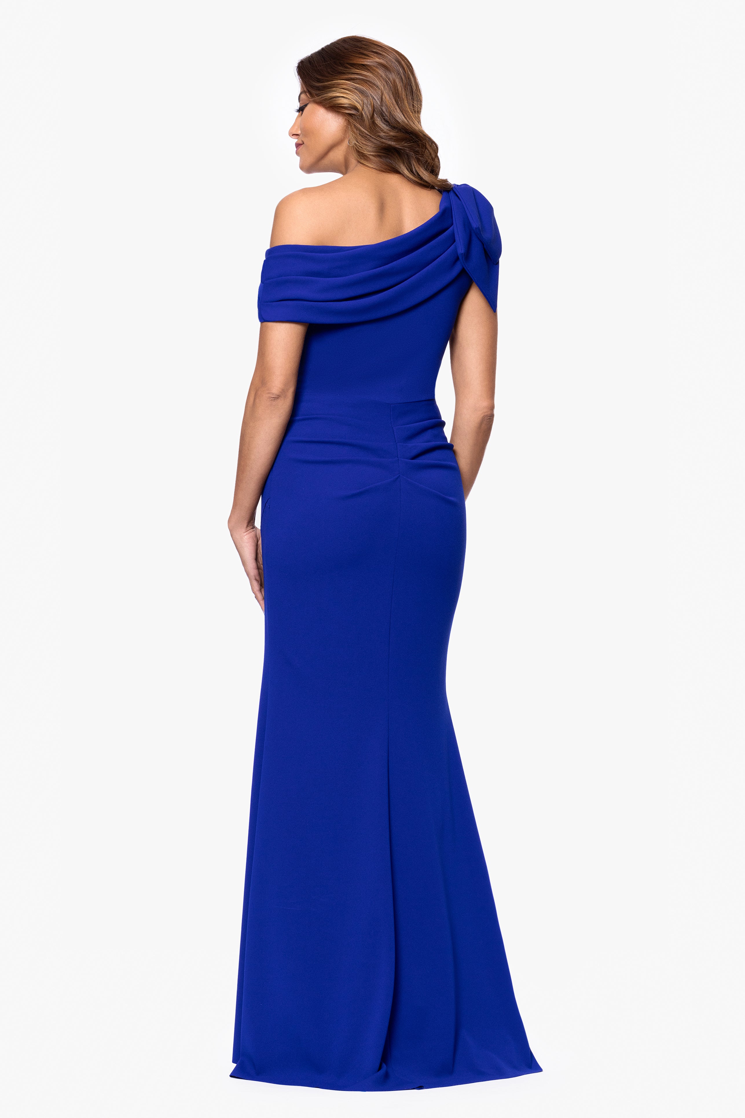 "Gabrielle" Scuba Crepe Off Shoulder Ruffle Floor Length Dress