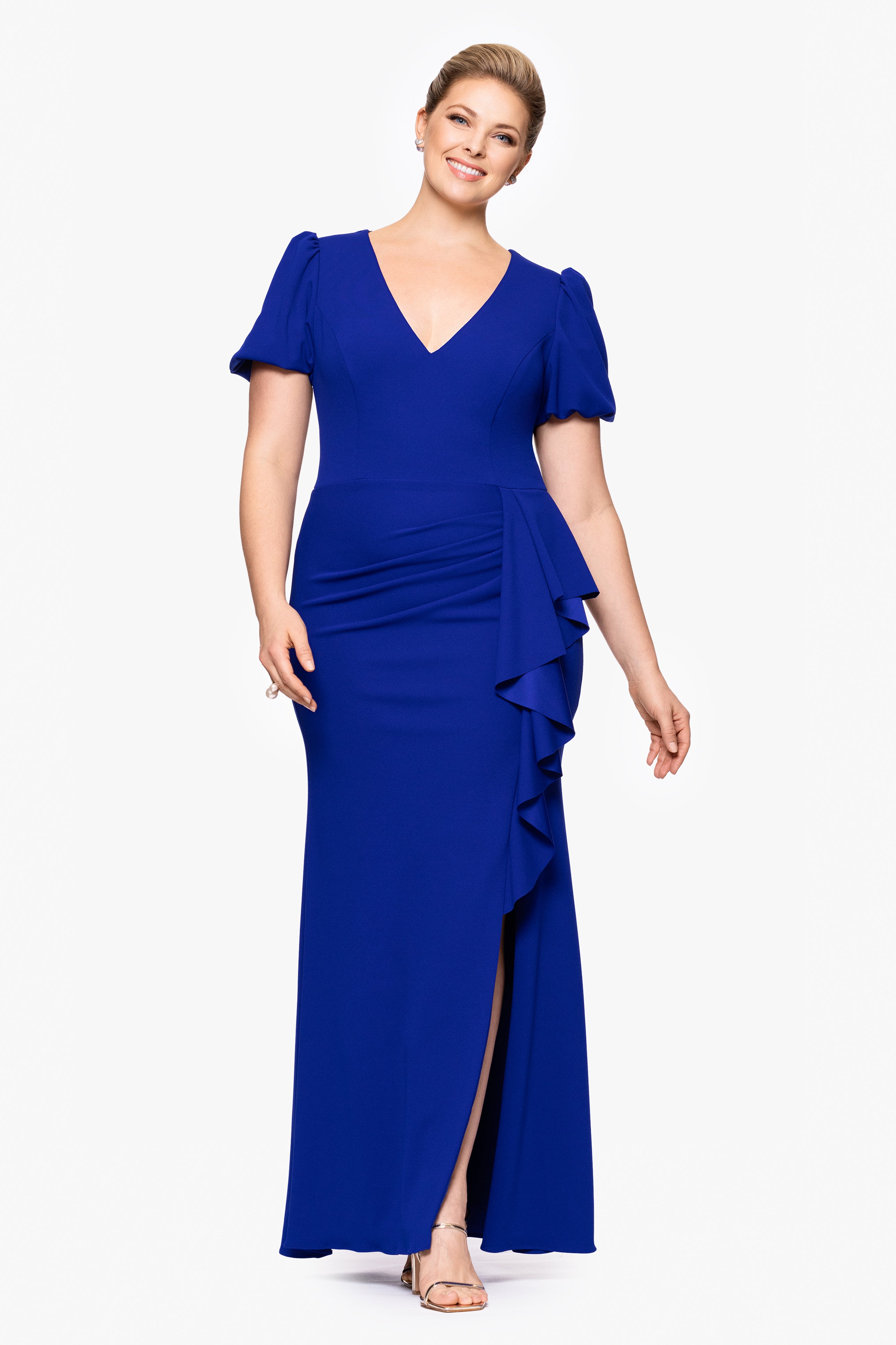 Plus "Elenora" Scuba Crepe V-Neck Ruffle Floor Length Dress