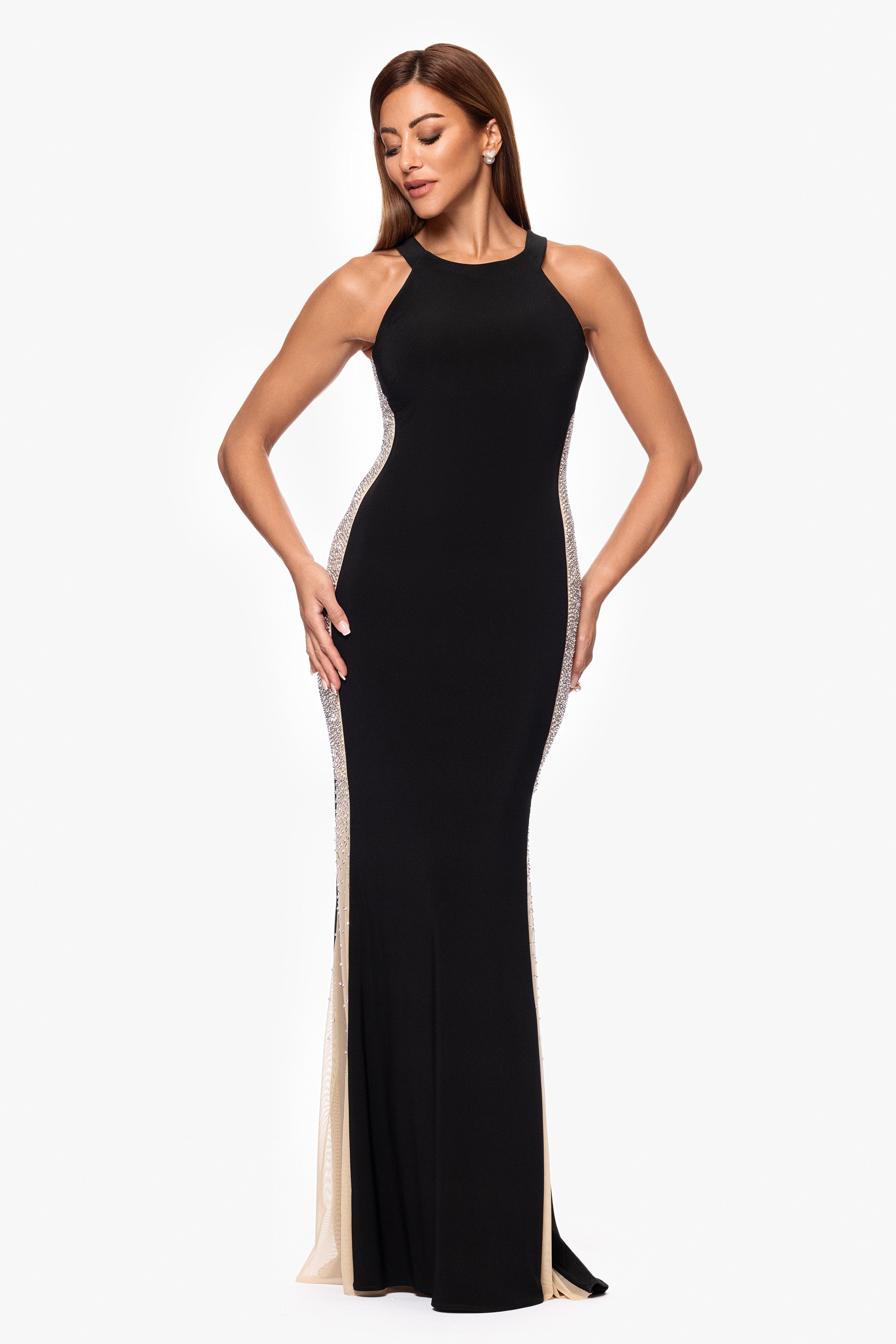 "Donna" Jersey Knit Caviar Beaded Floor Length Dress