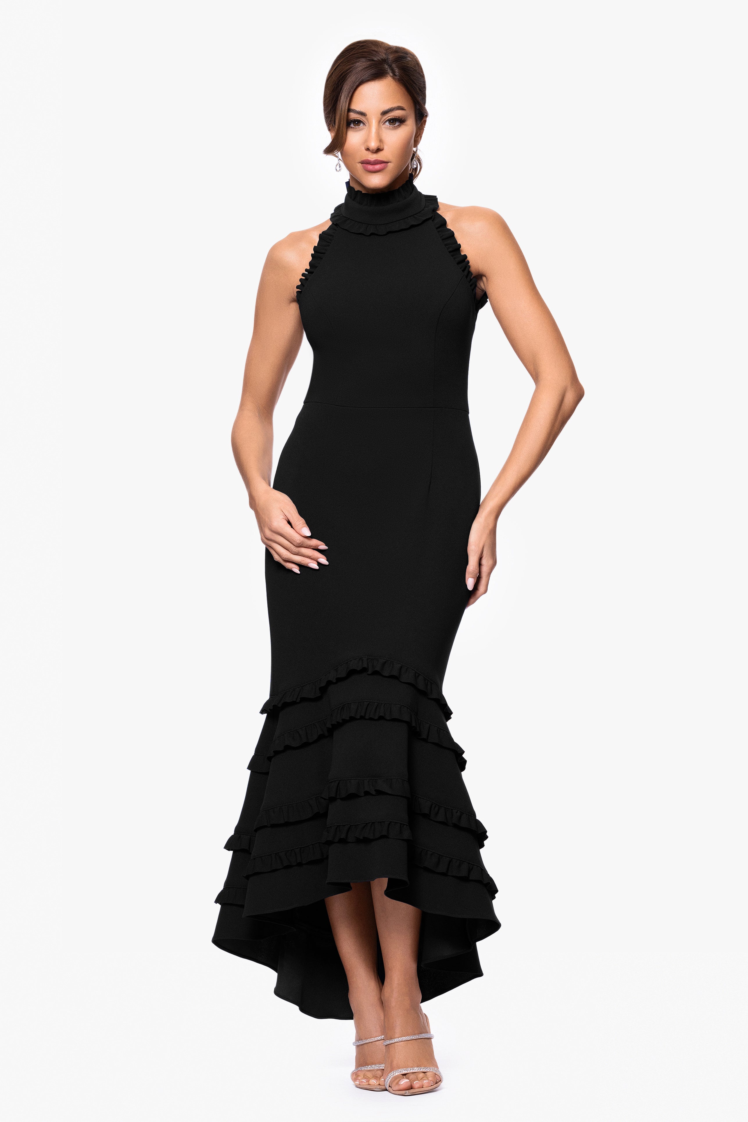 "Taylor" Scuba Crepe Ruffle High Neck High Low Dress