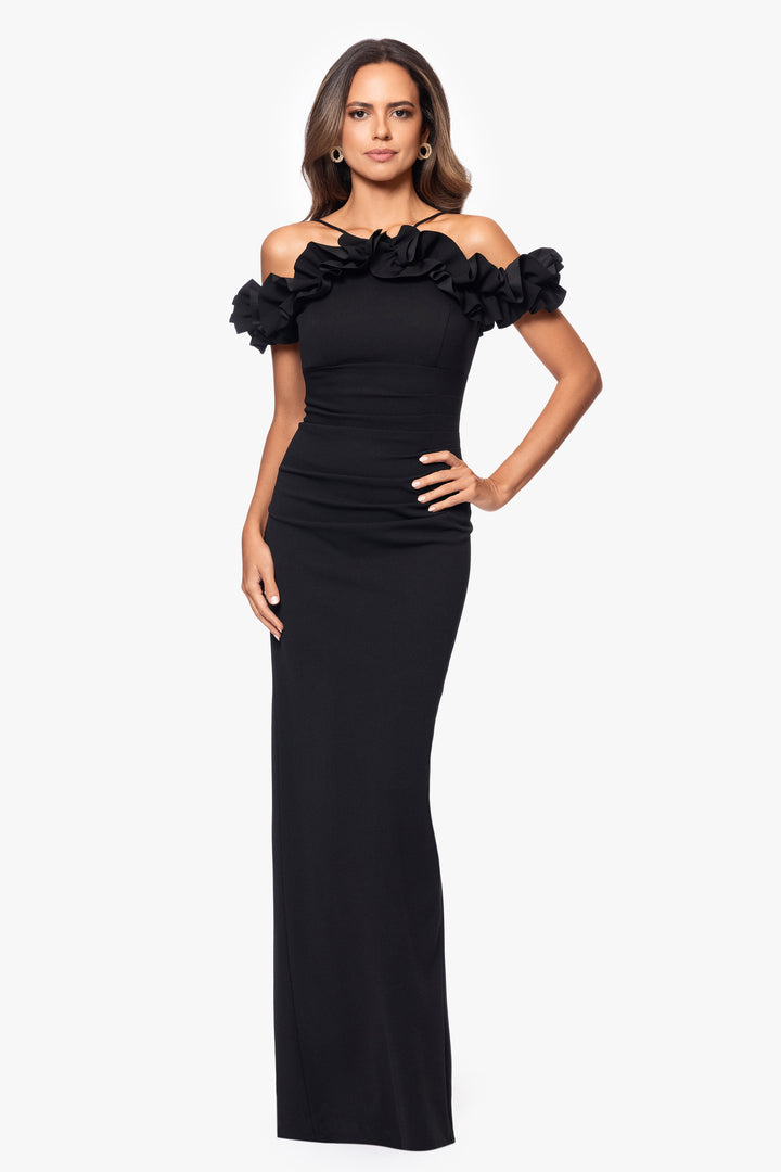 "Tyla" Scuba Crepe Ruffle Top Floor Length Dress