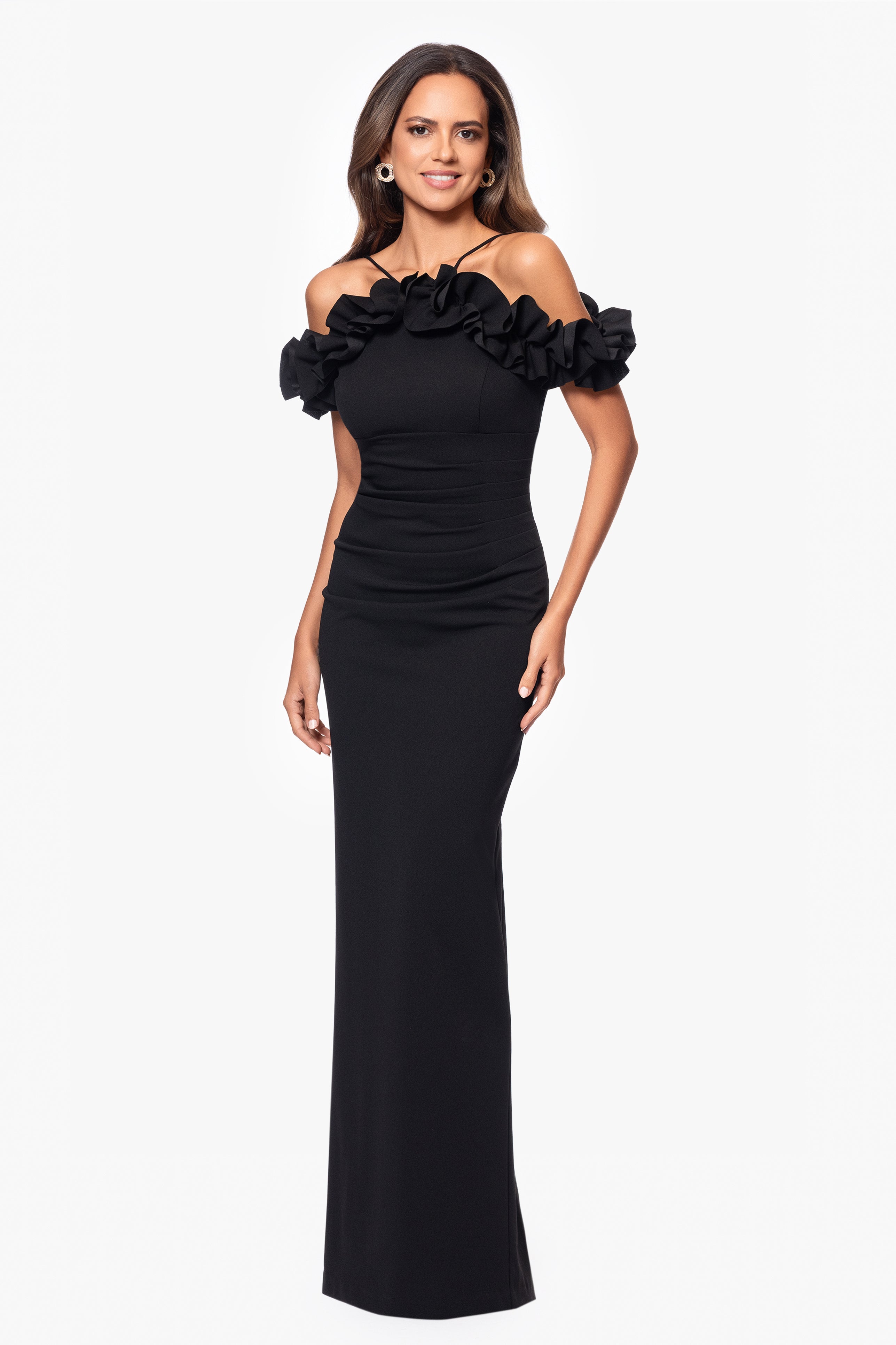 "Tyla" Scuba Crepe Ruffle Top Floor Length Dress