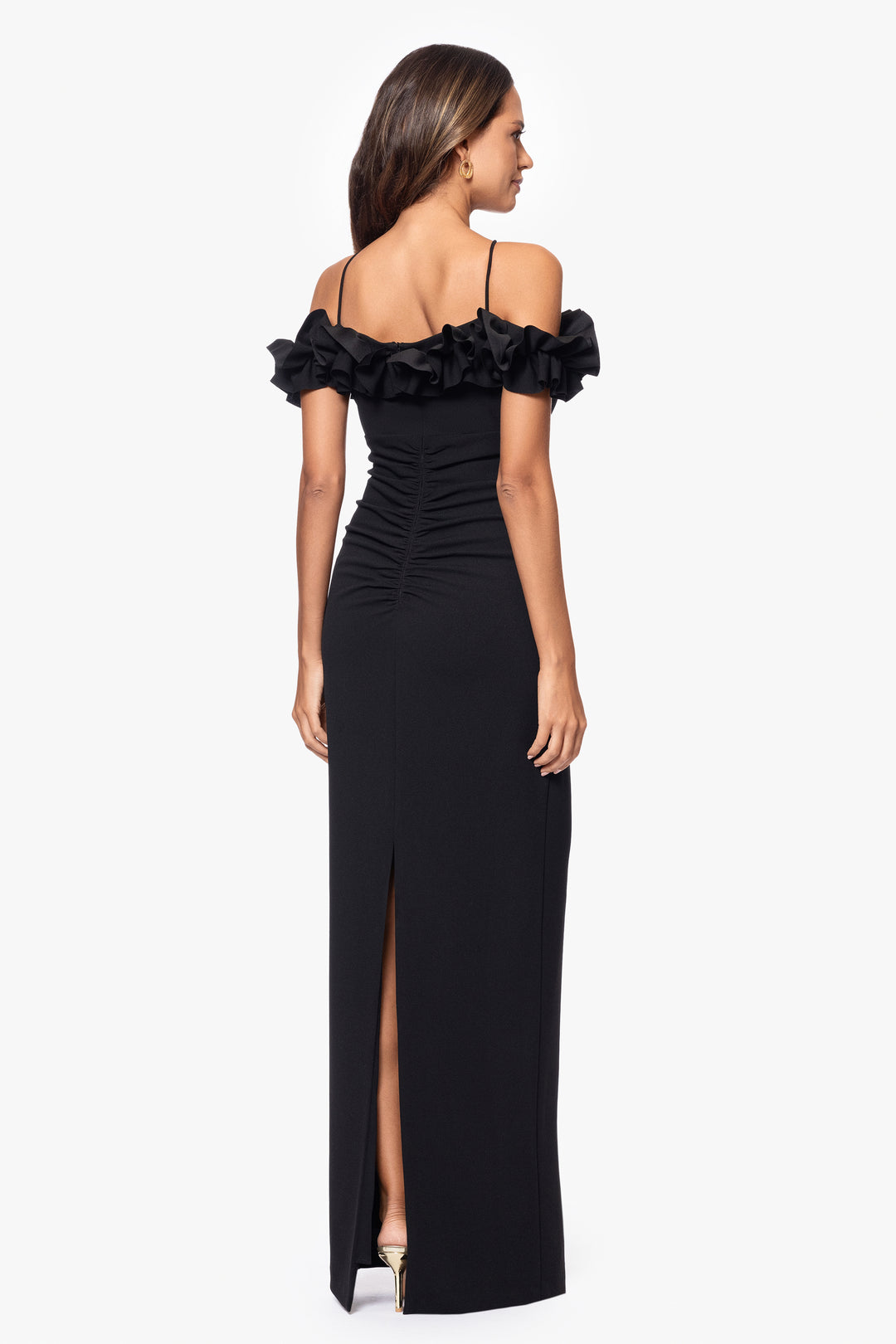 "Tyla" Scuba Crepe Ruffle Top Floor Length Dress