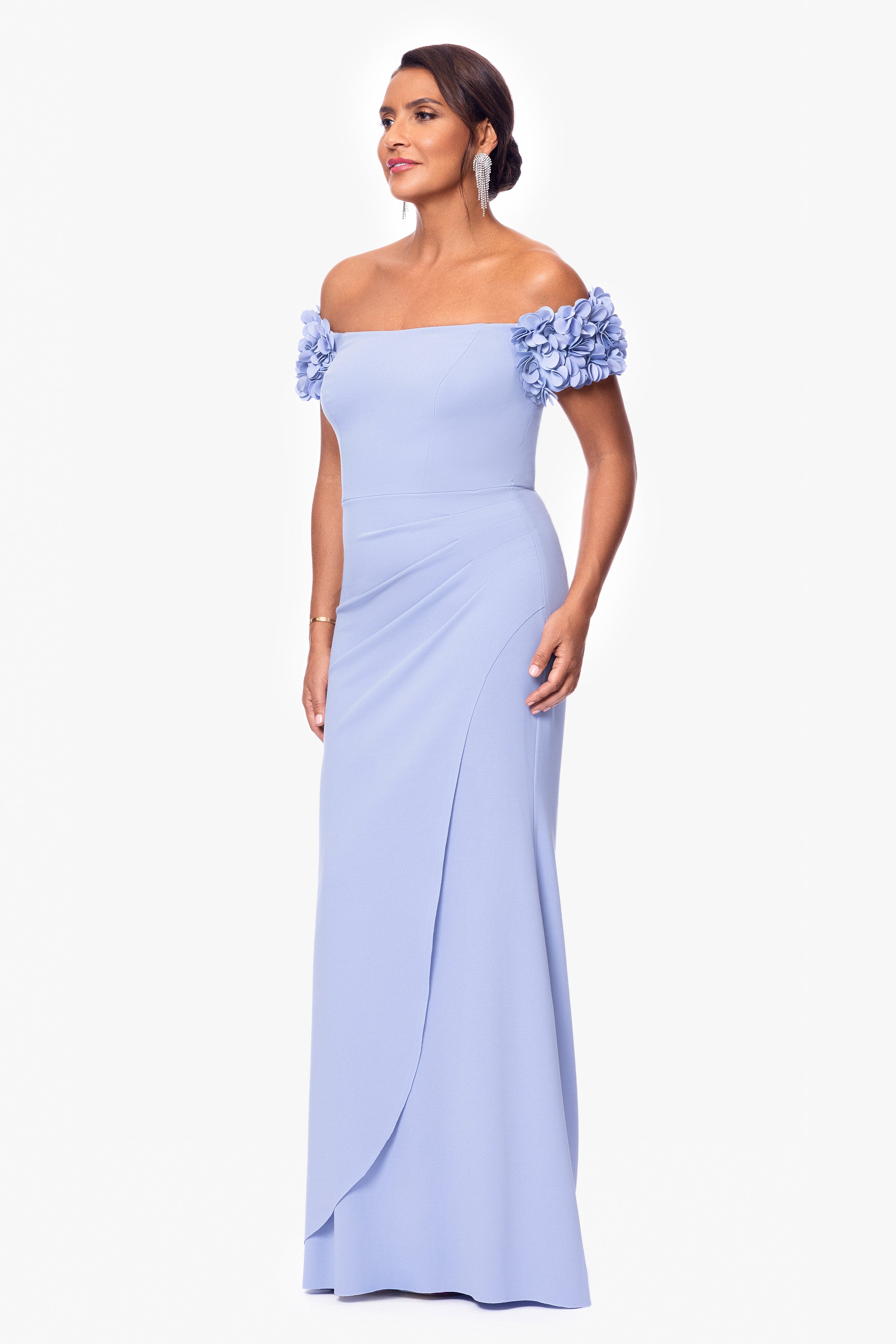 "Portia" Scuba Crepe Off the Shoulder Ruffle Sleeve Floor Length Dress