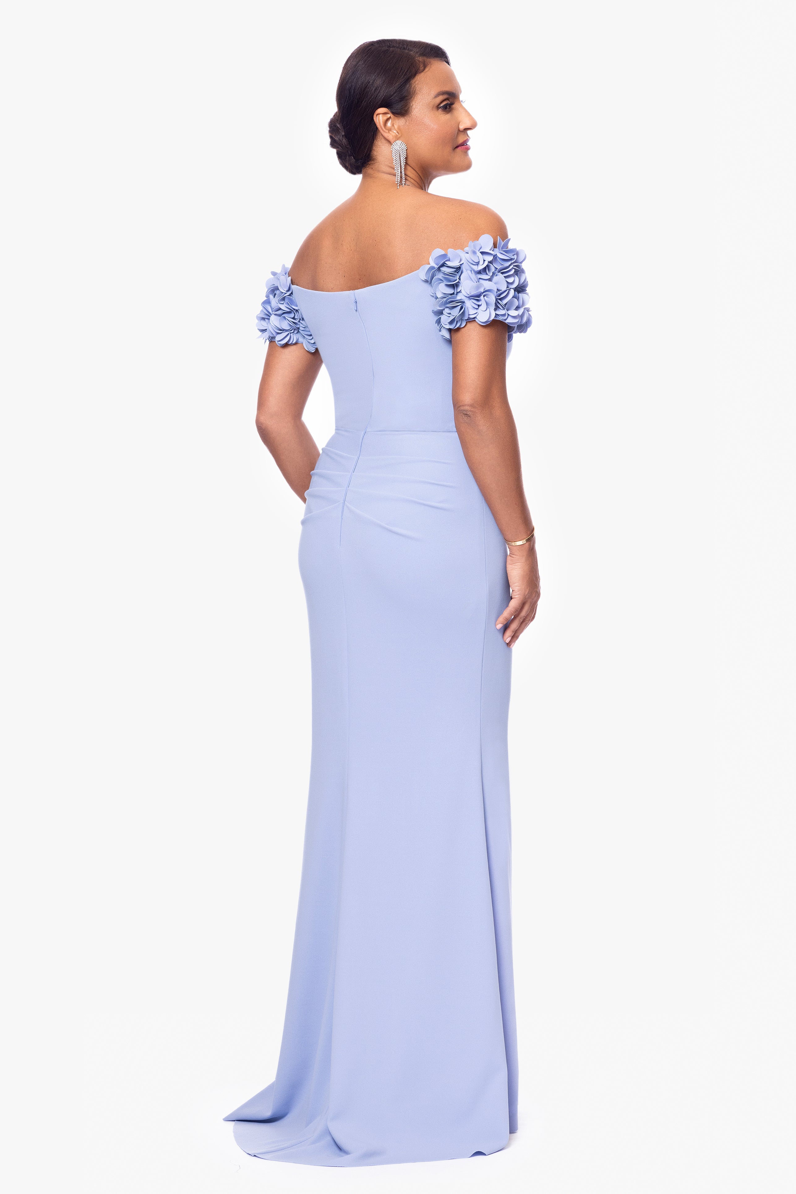 "Portia" Scuba Crepe Off the Shoulder Ruffle Sleeve Floor Length Dress