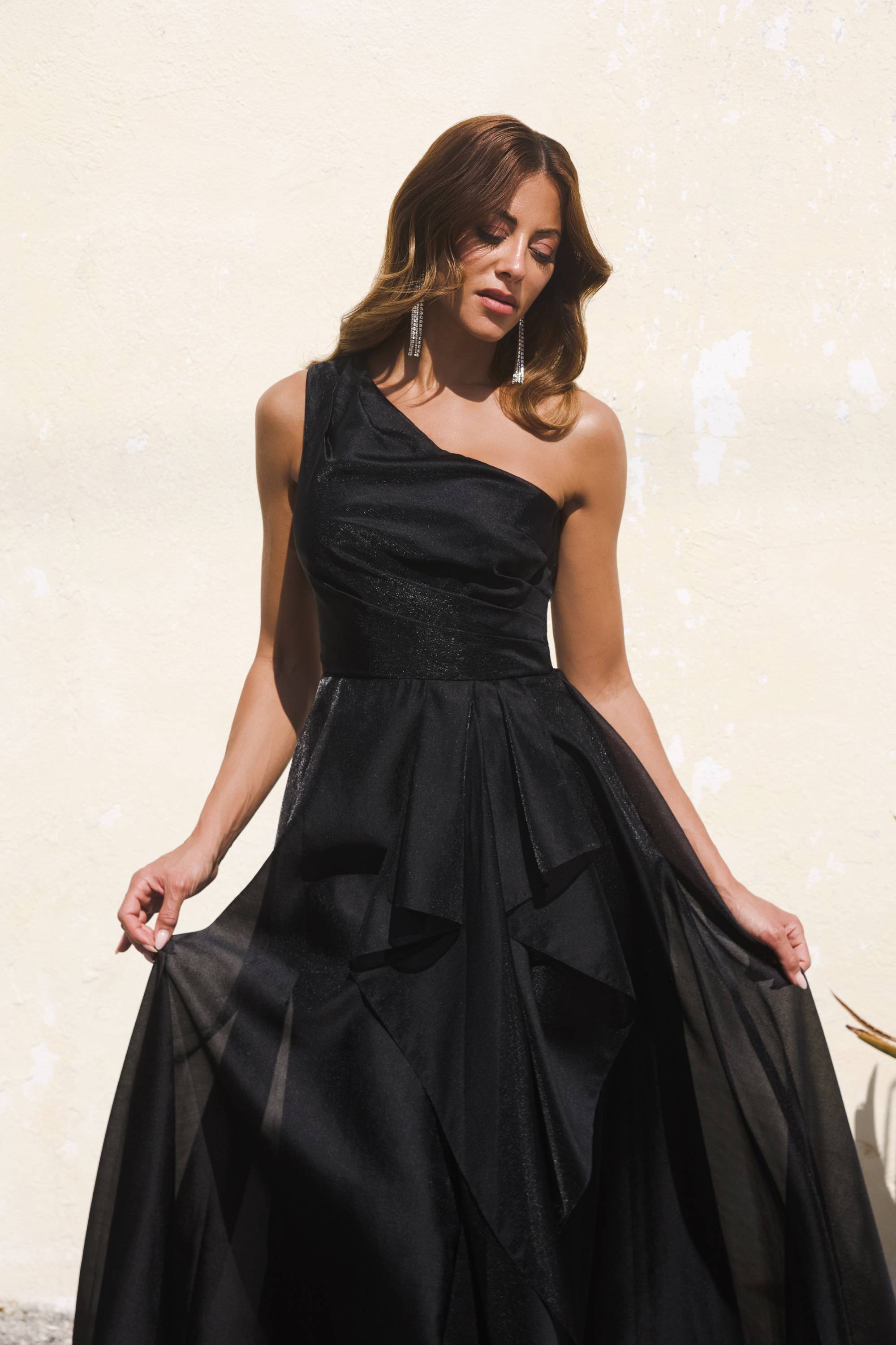 "Samantha" Organza One Shoulder Ruffle Floor Length Dress