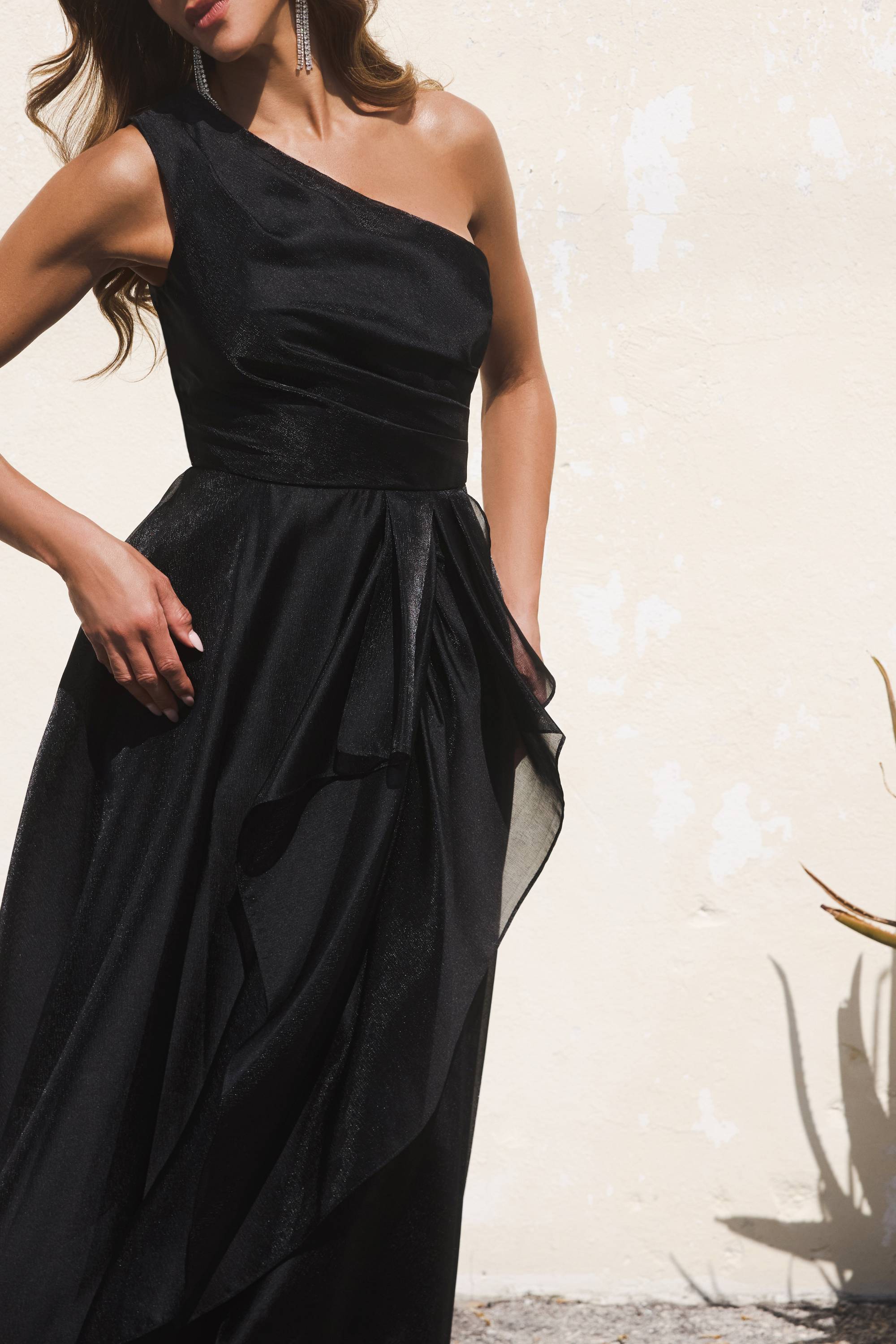 "Samantha" Organza One Shoulder Ruffle Floor Length Dress