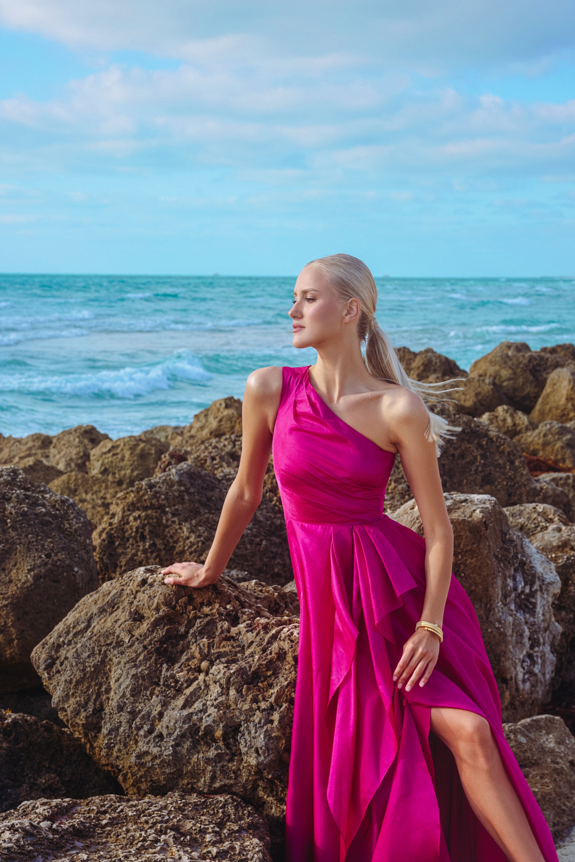 "Samantha" Organza One Shoulder Ruffle Floor Length Dress