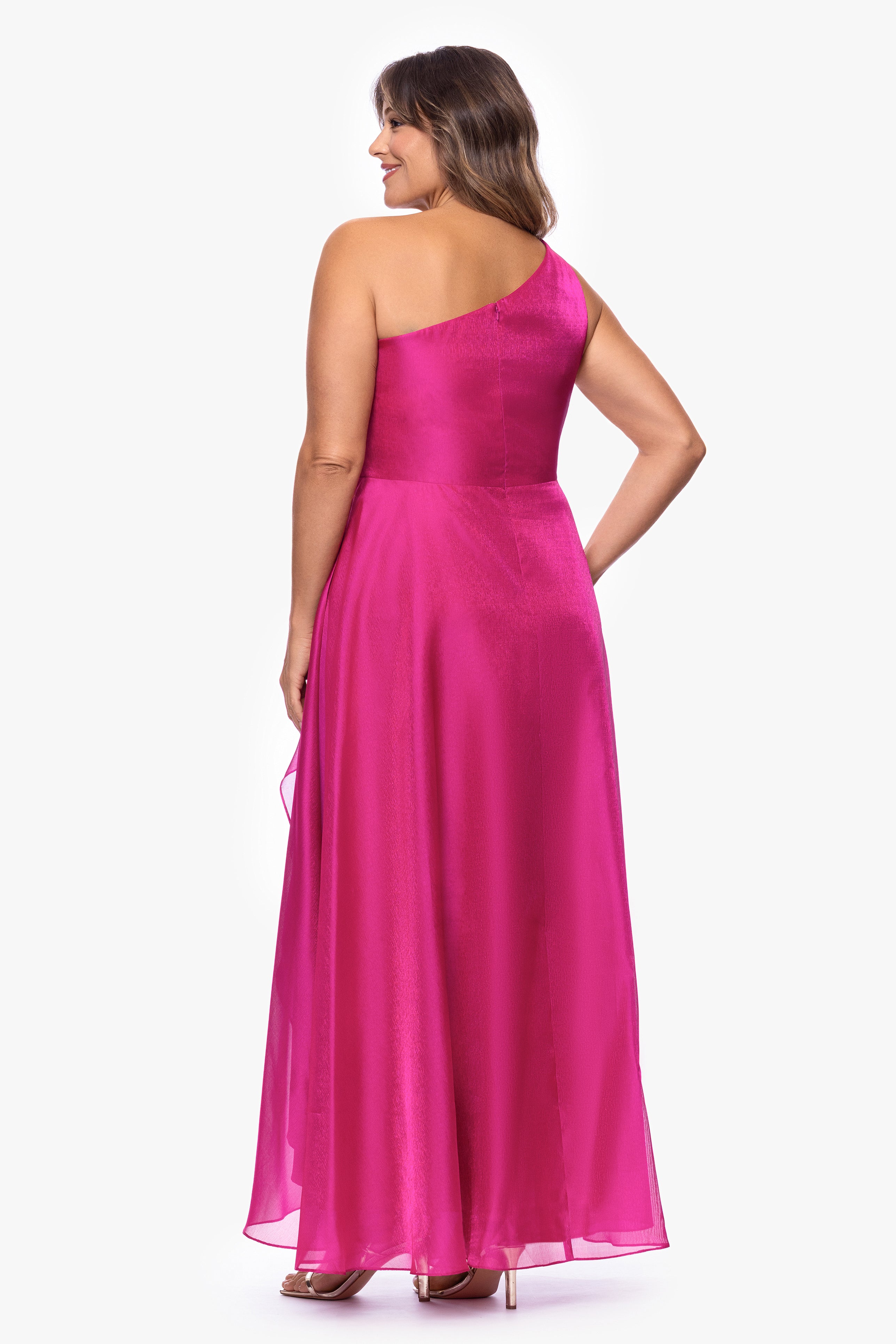 Plus "Samantha" Organza One Shoulder Ruffle Floor Length Dress