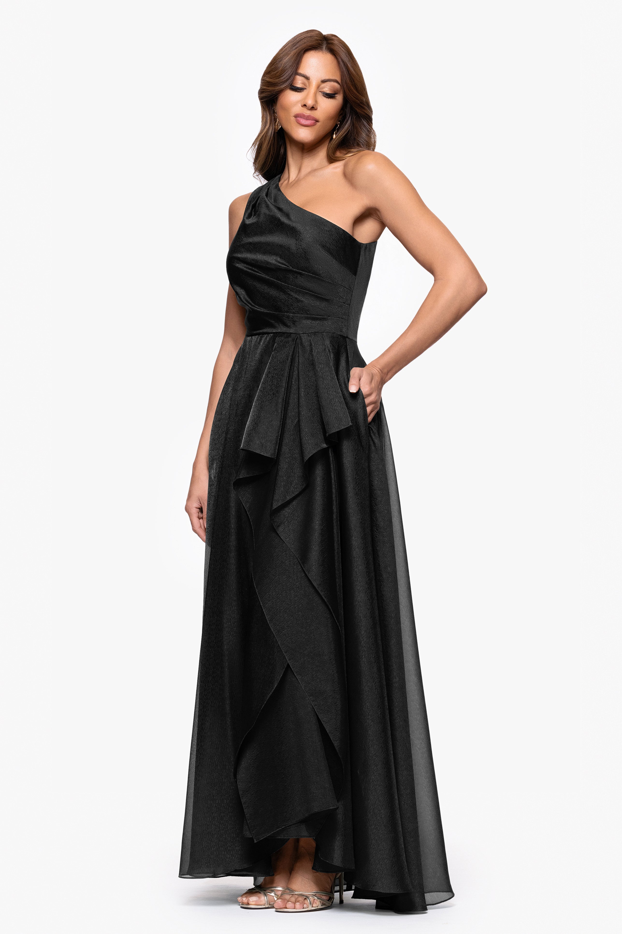 "Samantha" Organza One Shoulder Ruffle Floor Length Dress