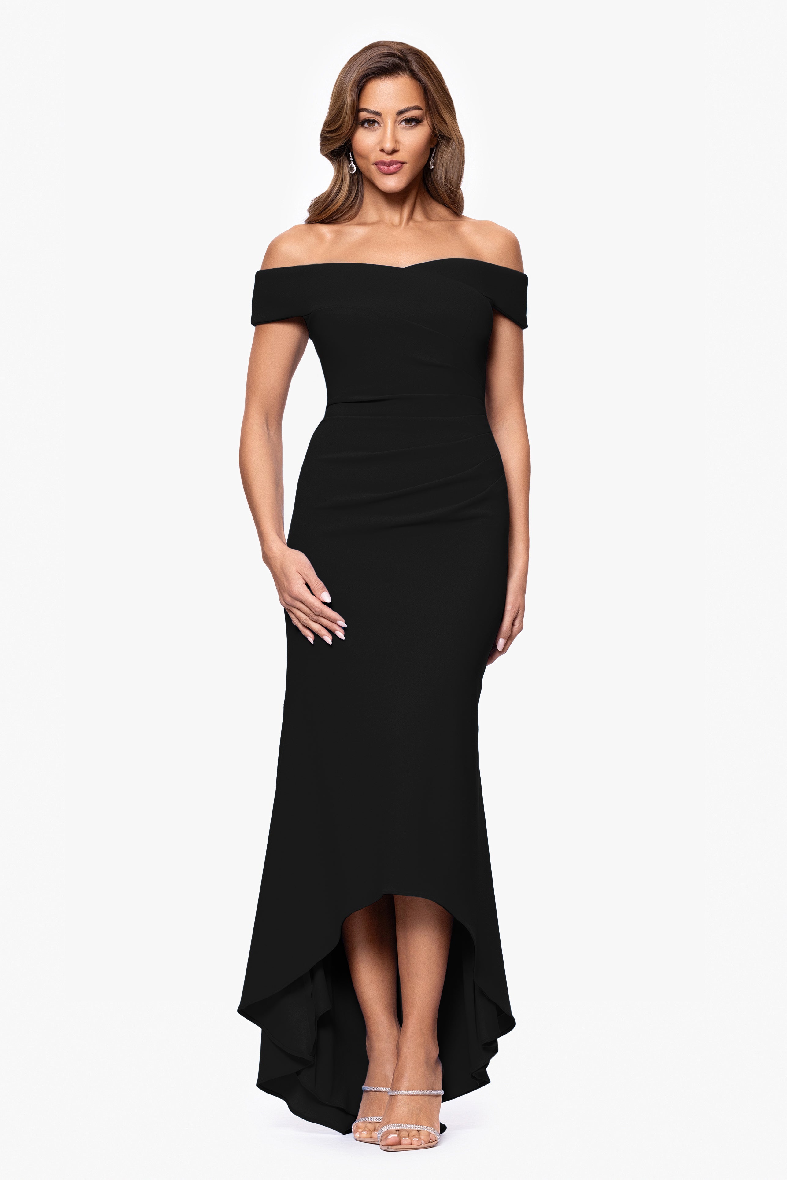 "Serena" Off The Shoulder High Low Long Scuba Crepe Dress