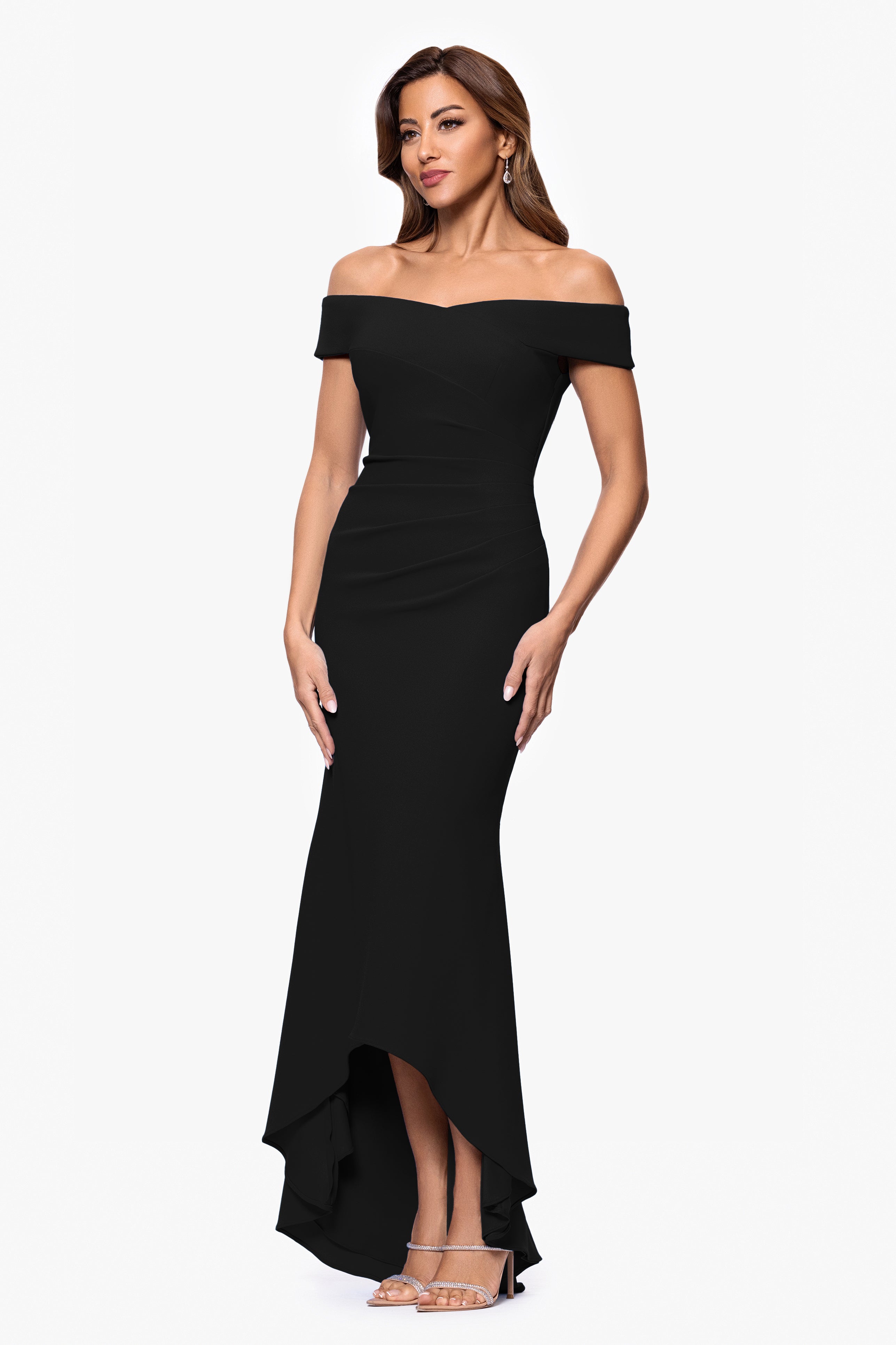 "Serena" Off The Shoulder High Low Long Scuba Crepe Dress