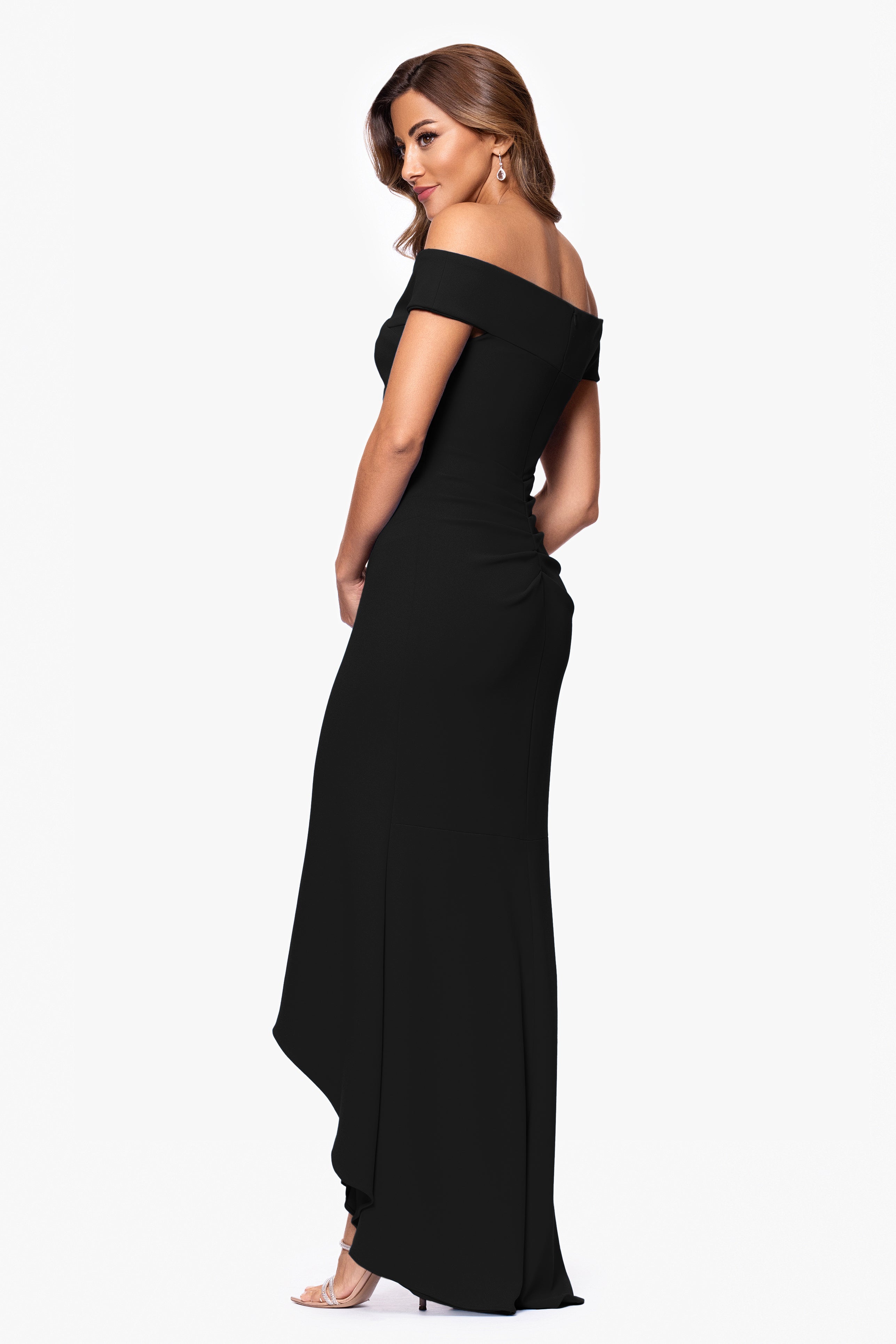 "Serena" Off The Shoulder High Low Long Scuba Crepe Dress