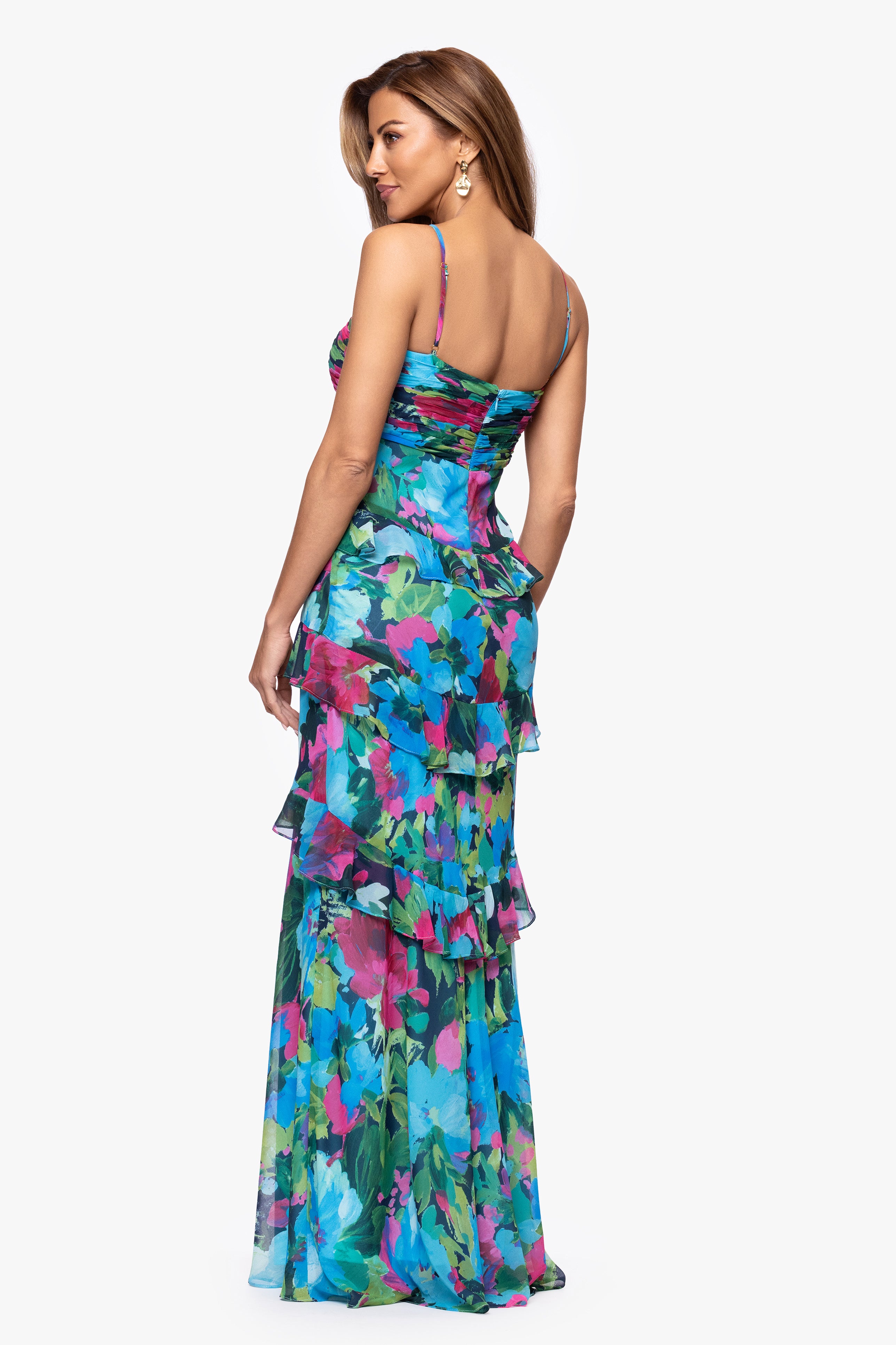 "Jayla" Print Chiffon Tiered Ruffle Floor Length Dress