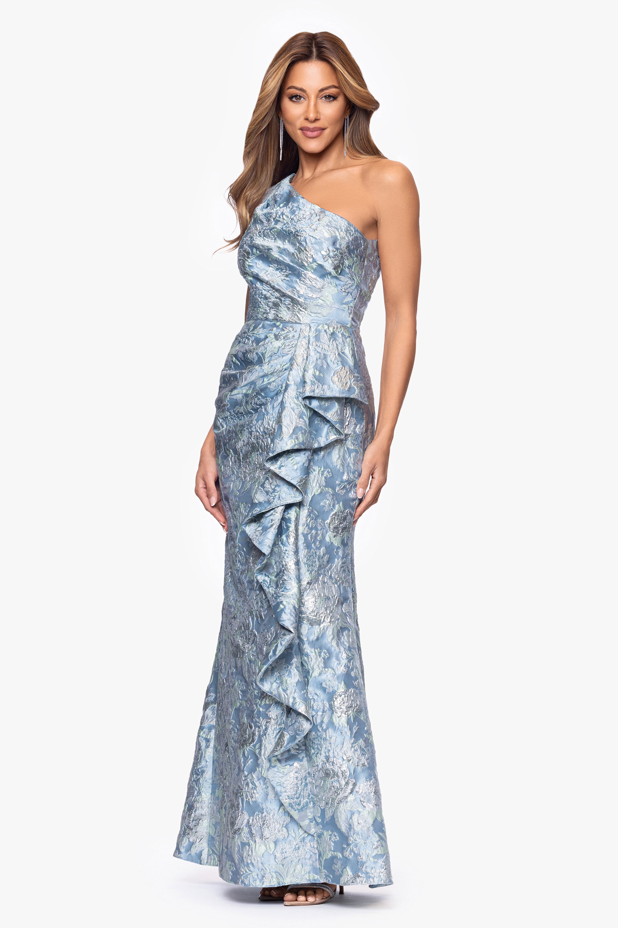 "Paula" Jacquard One Shoulder Ruffle Floor Length Dress