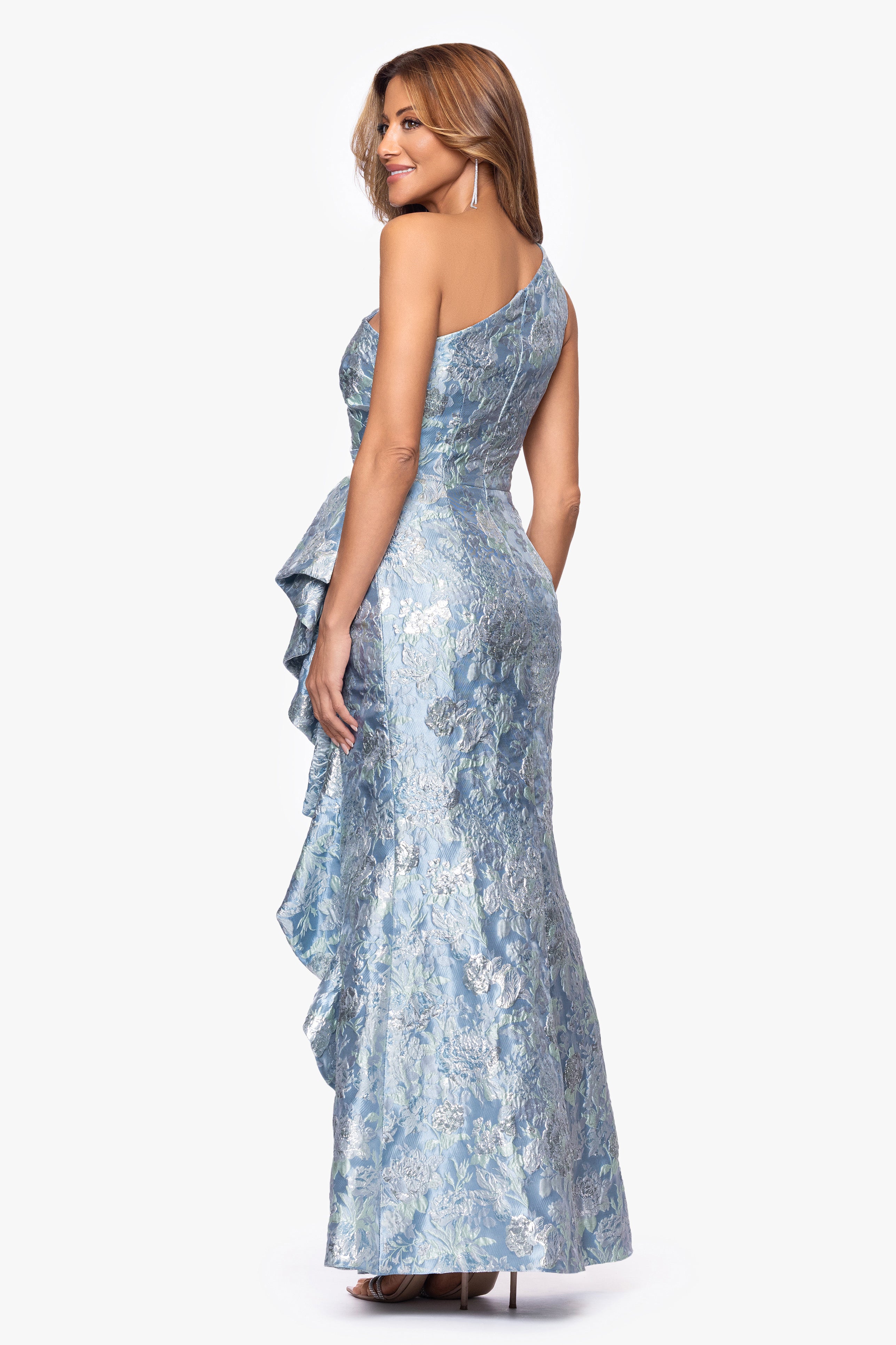 "Paula" Jacquard One Shoulder Ruffle Floor Length Dress
