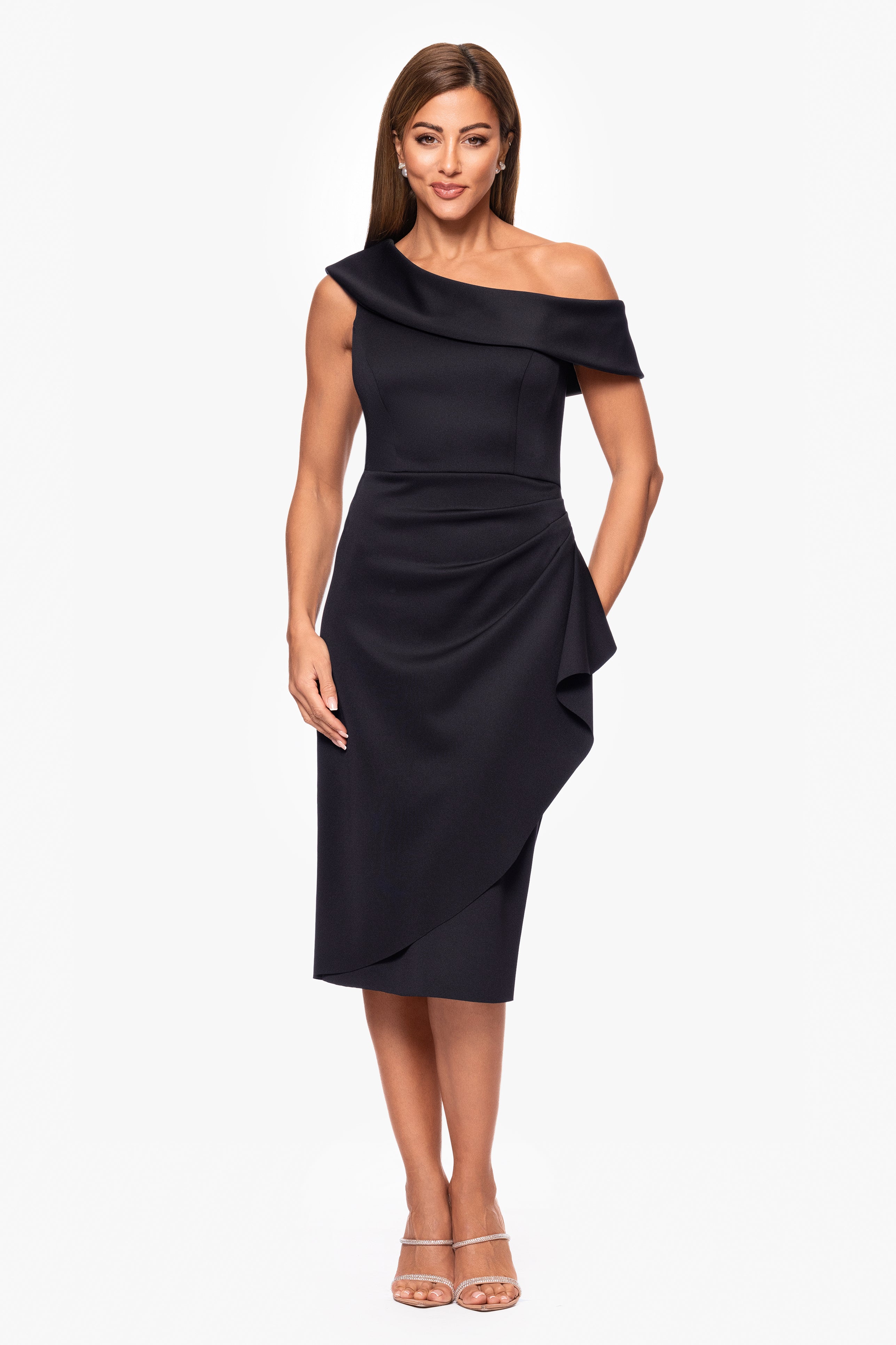 "Mallory" Techno Scuba Off the Shoulder Ruffle Knee Length Dress