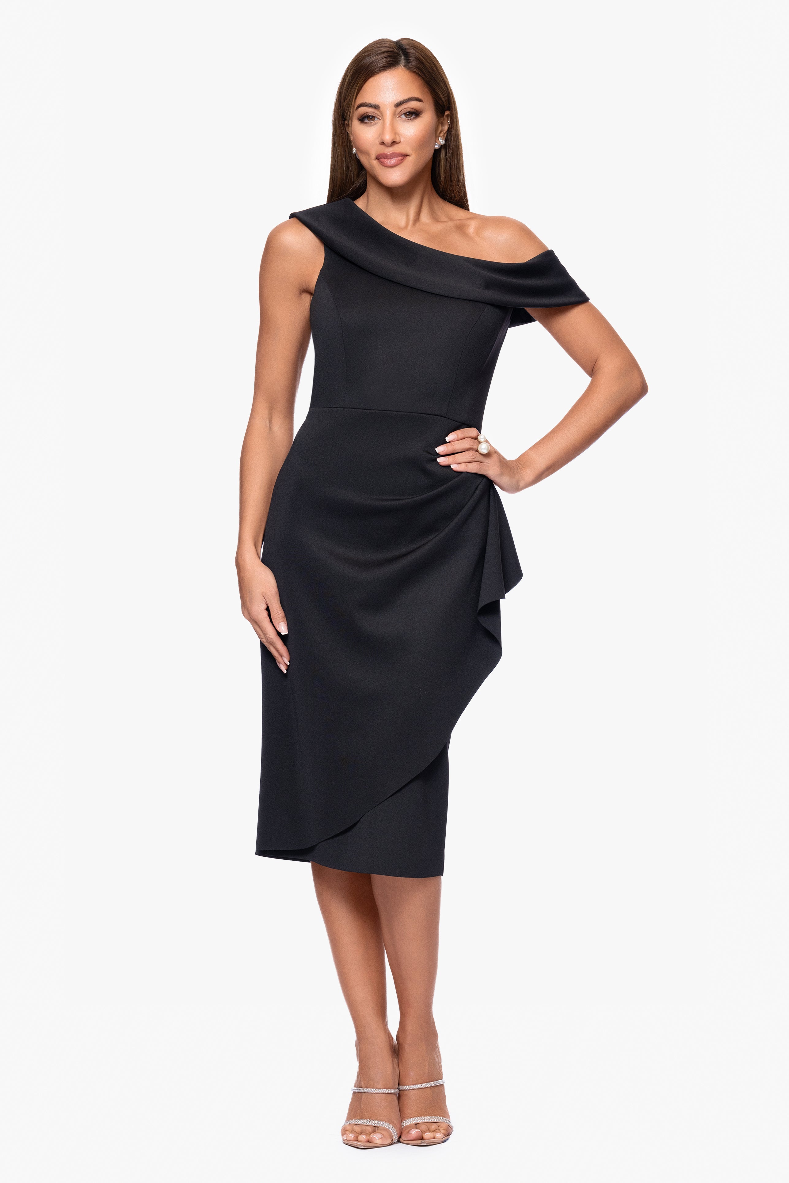 "Mallory" Techno Scuba Off the Shoulder Ruffle Knee Length Dress